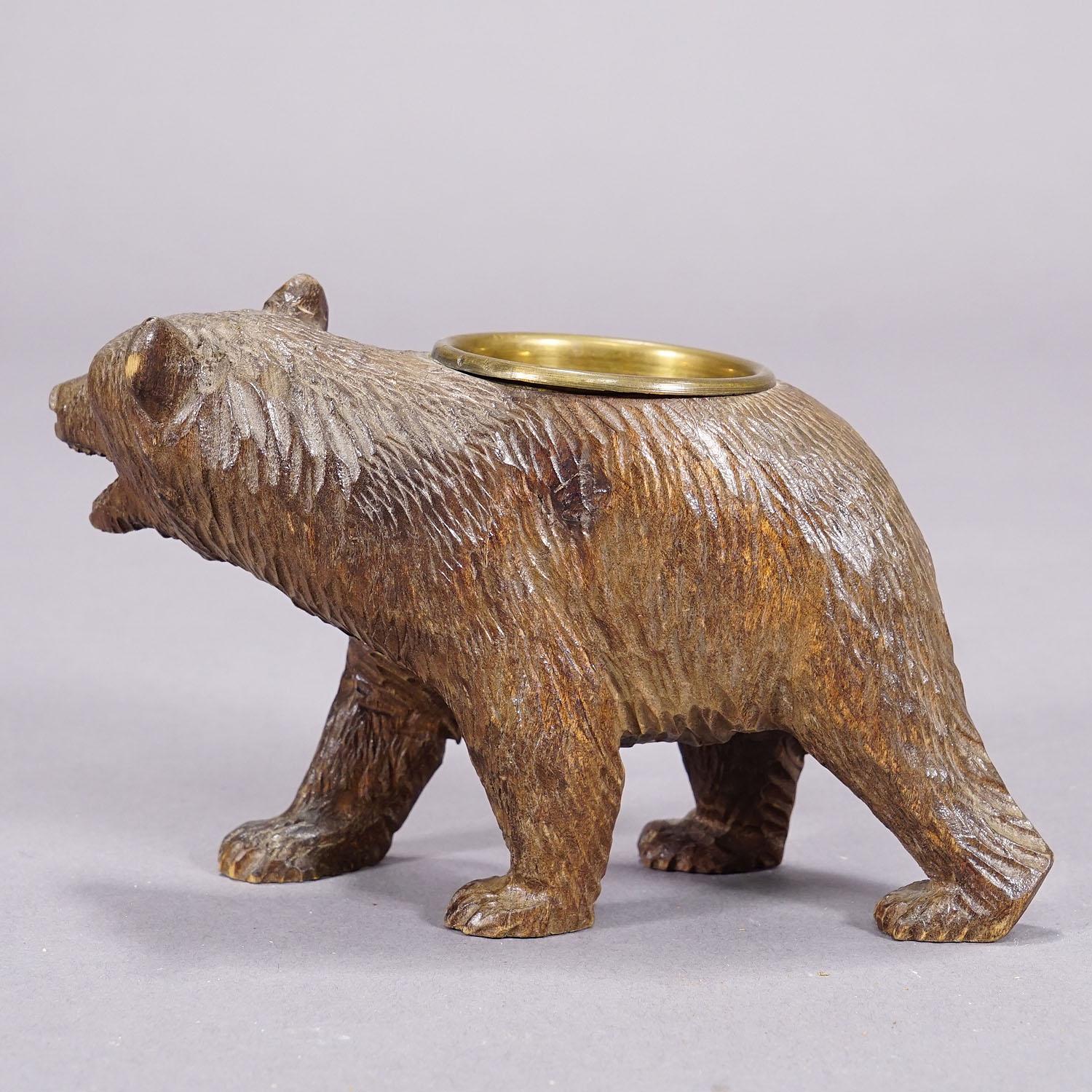 Hand-Carved A Wooden Carved Black Forest Bear with Brass Bowl ca. 1920s