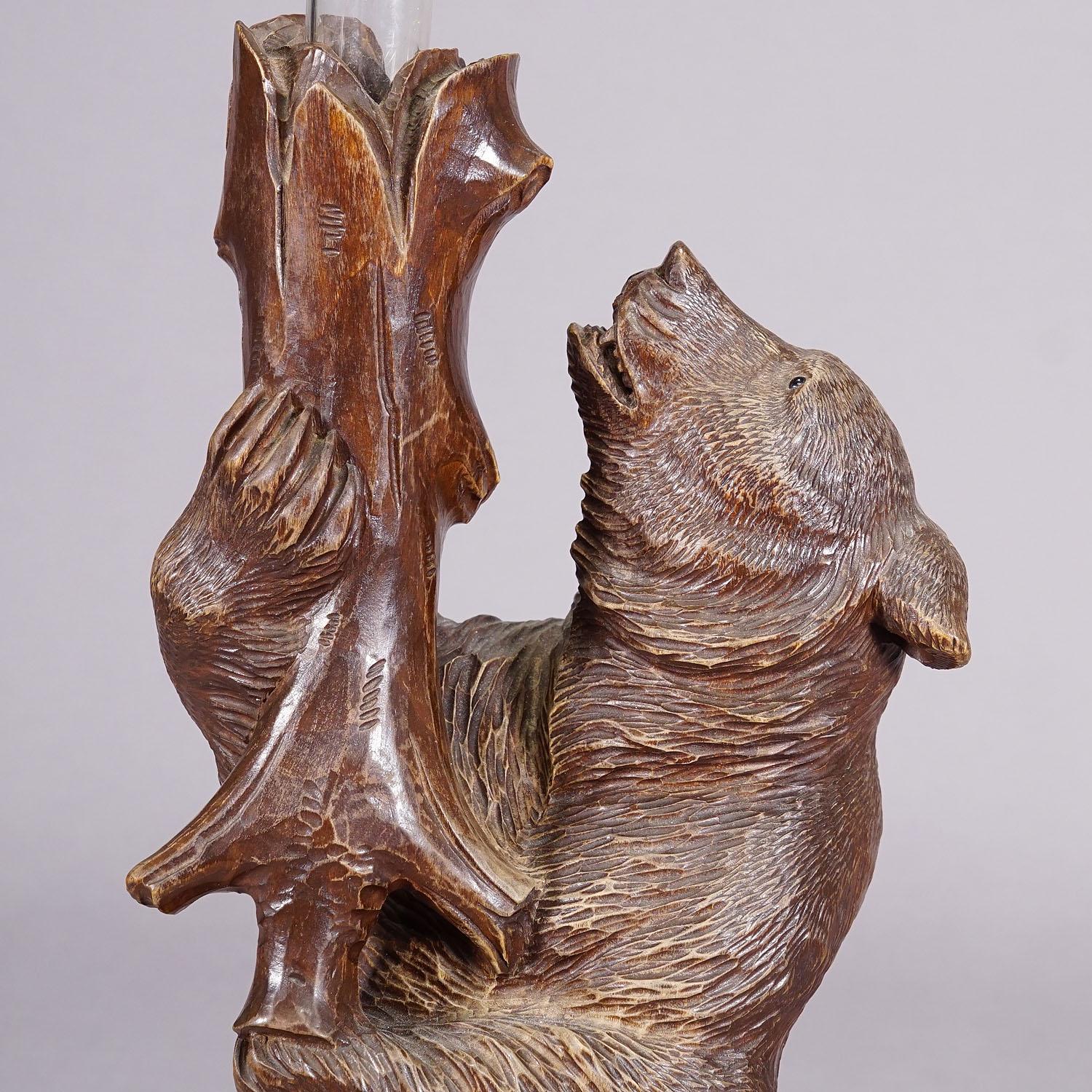 A Wooden Carved Black Forest Bear with Glass Vase ca. 1900s In Good Condition For Sale In Berghuelen, DE
