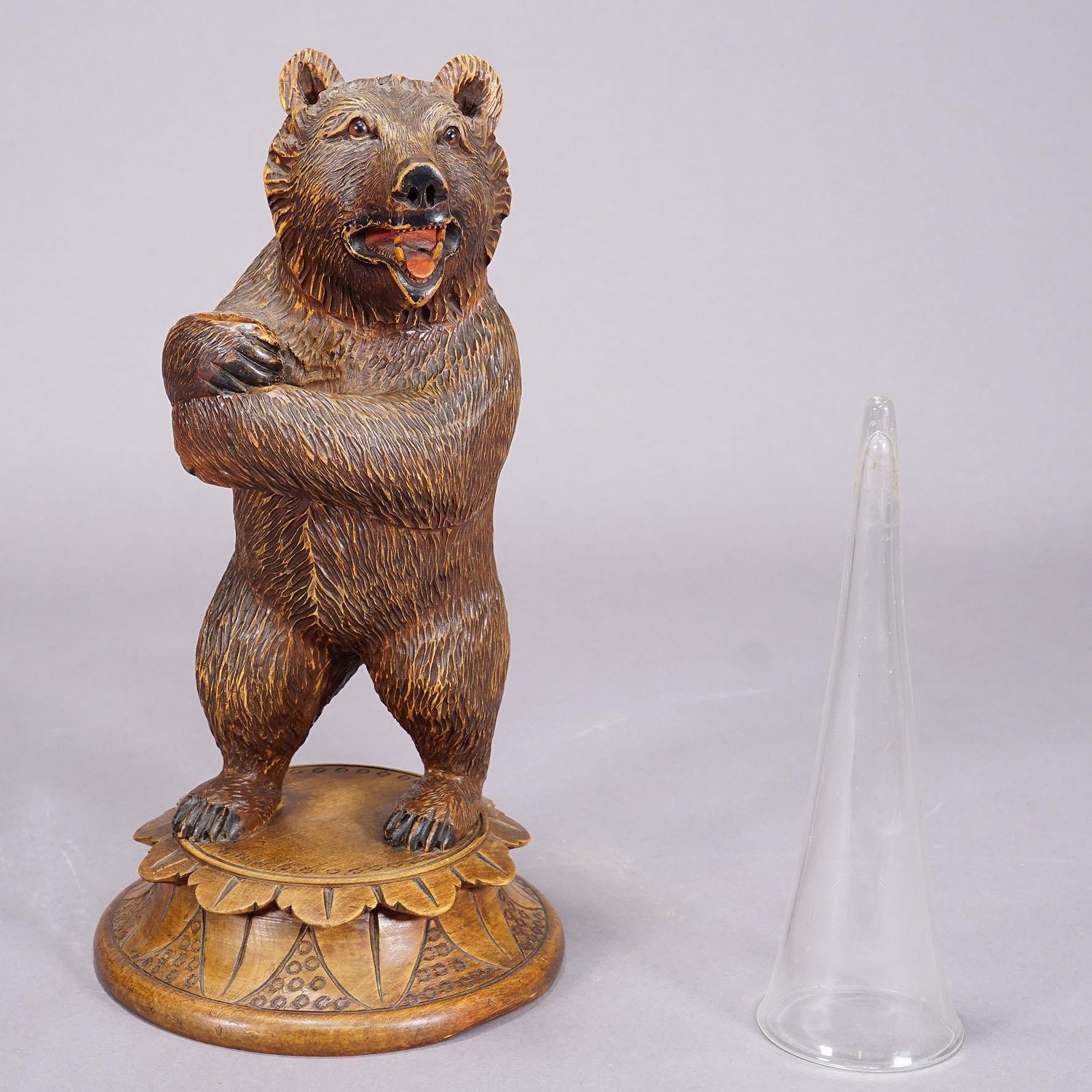Blown Glass A Wooden Carved Black Forest Bear with Glass Vase ca. 1920 For Sale