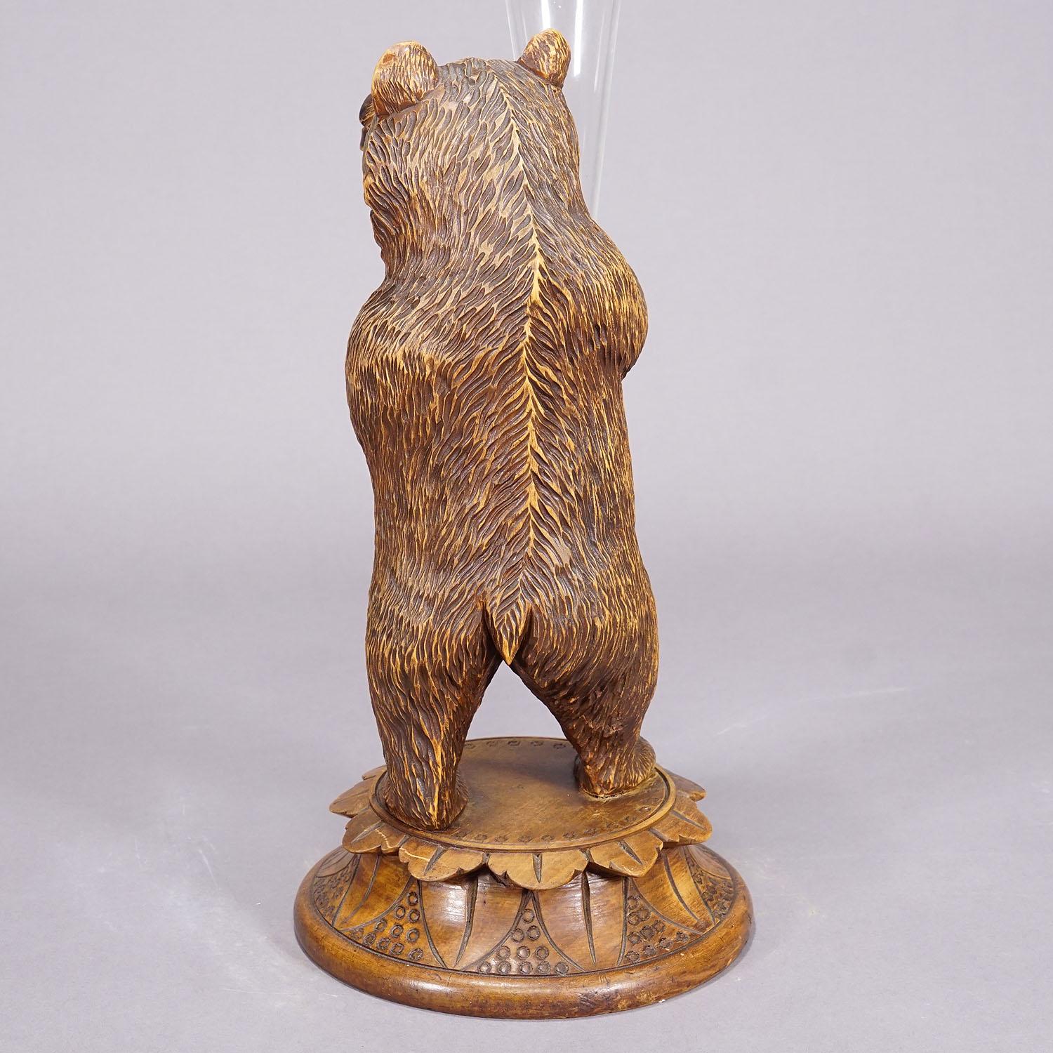 A Wooden Carved Black Forest Bear with Glass Vase ca. 1920 For Sale 2