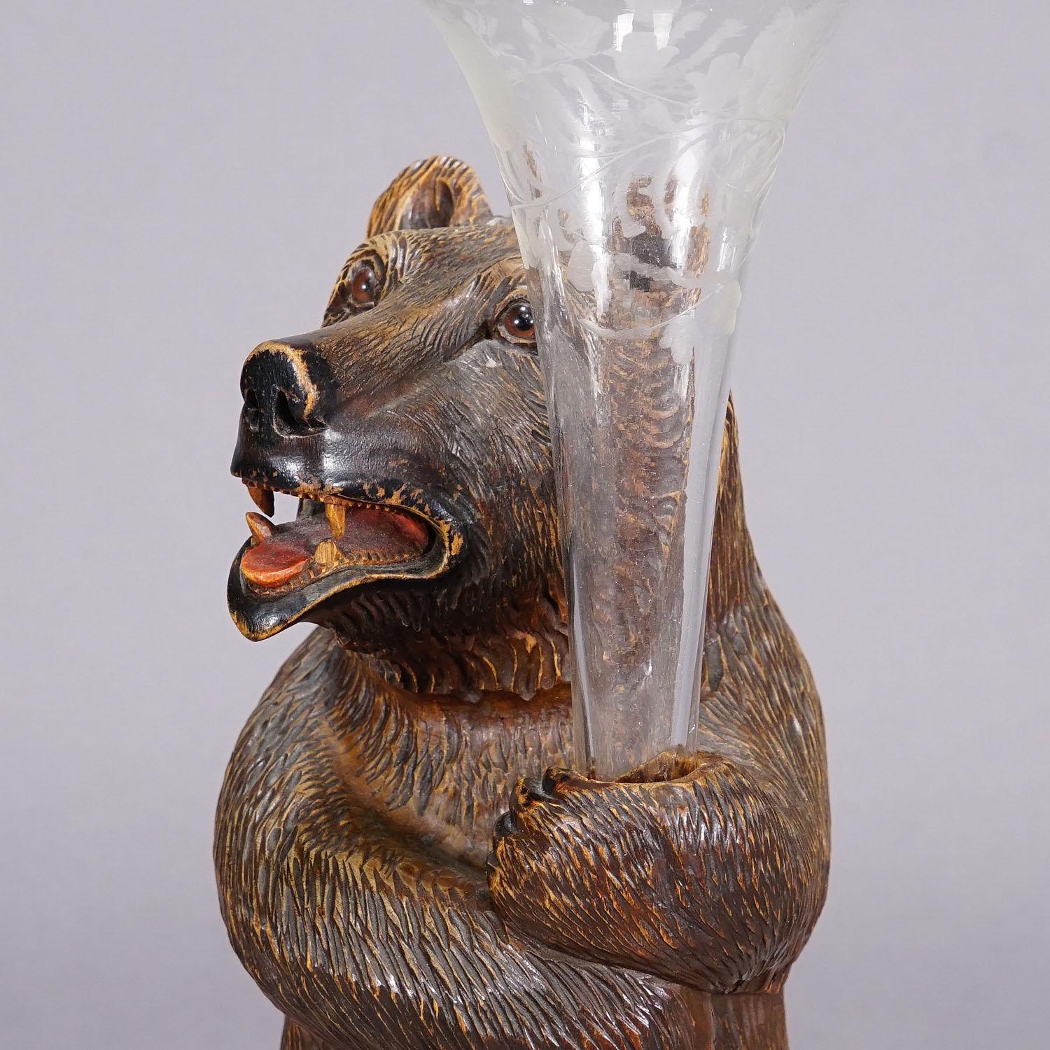 Hand-Carved A Wooden Carved Black Forest Bear with Glass Vase For Sale
