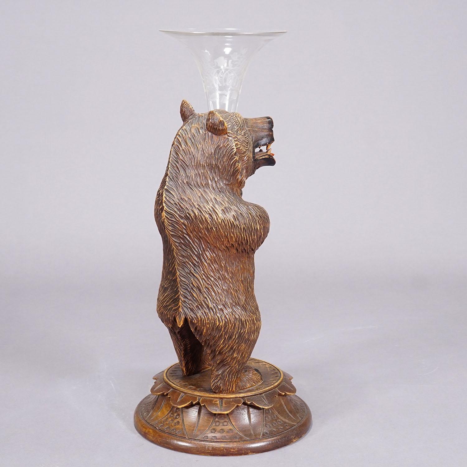 20th Century A Wooden Carved Black Forest Bear with Glass Vase For Sale