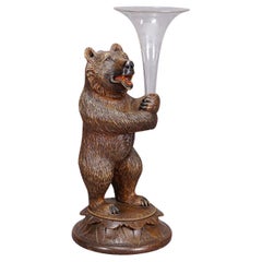 Used A Wooden Carved Black Forest Bear with Glass Vase