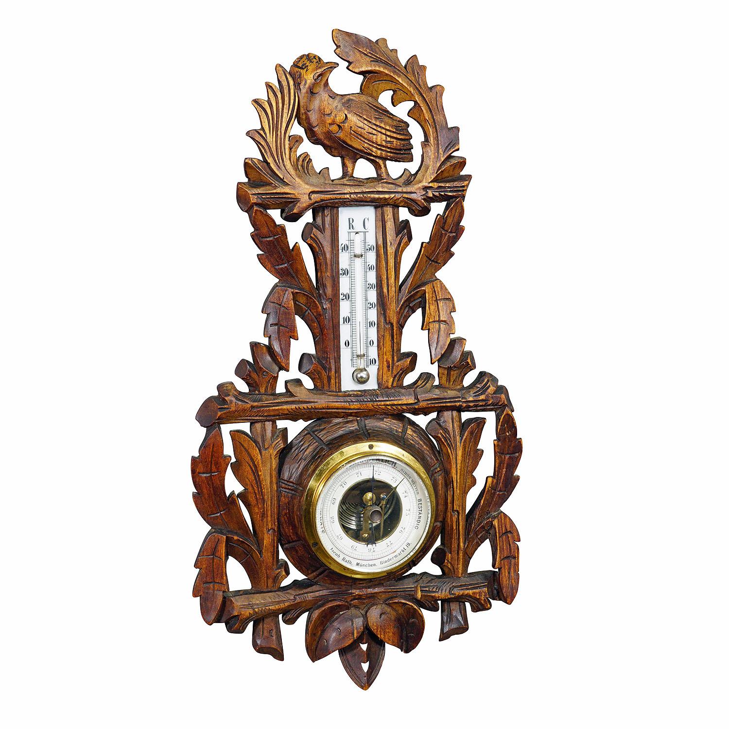 A Wooden Carved Black Forest Weather Station with Bird

A Black Forest meteorological station with barometer and thermometer. Handcarved in Germany around 1900. Very good condition, thermometer scala with fine hairline. Function not tested.

The