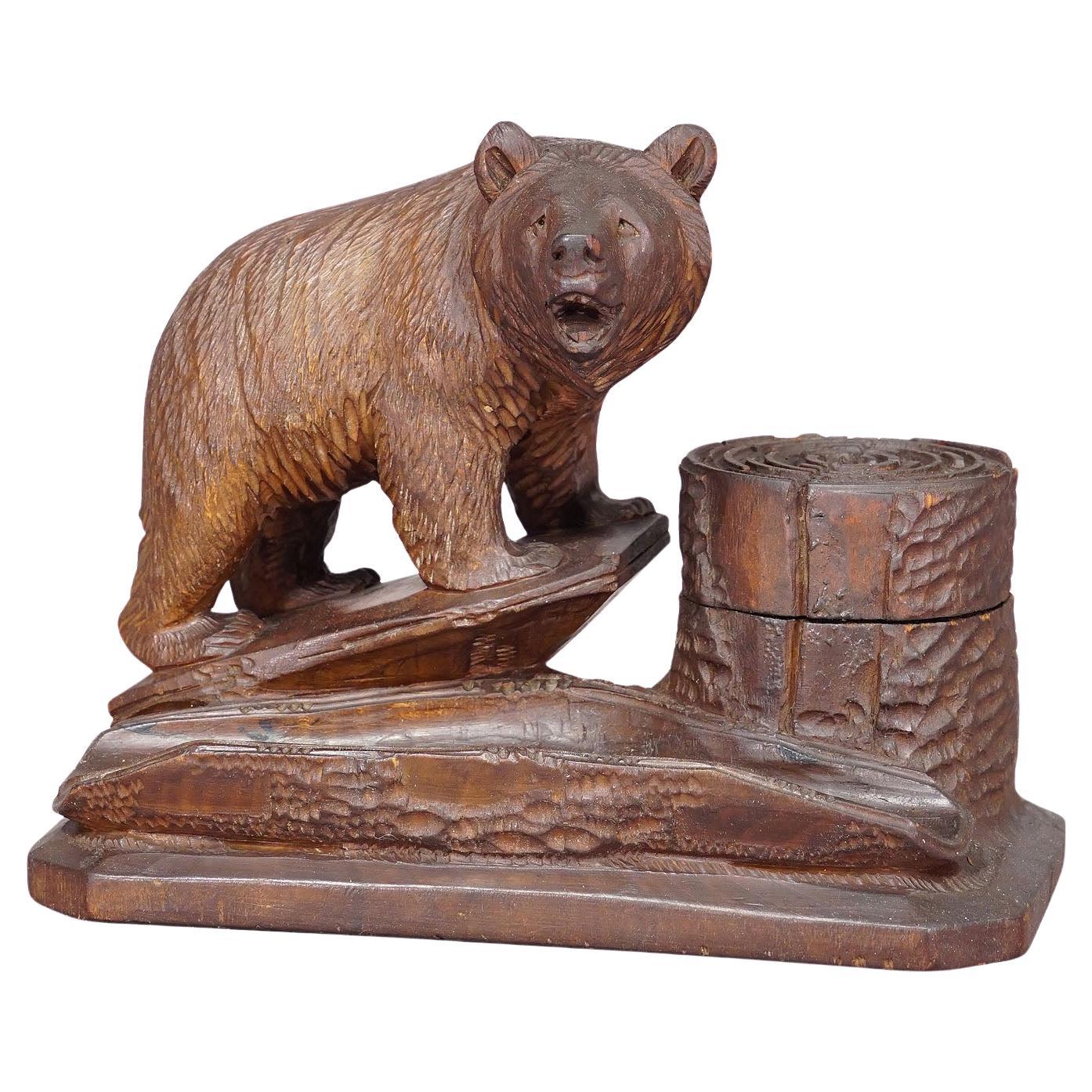 A Wooden Carved Black Forest Writing Set with Bear