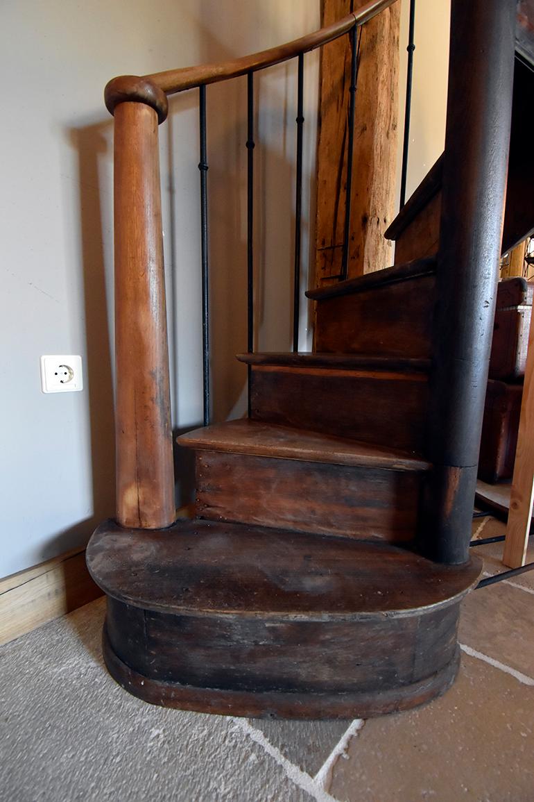 French Wooden Spiral Staircase with Wrought Iron Balusters, 19th Century