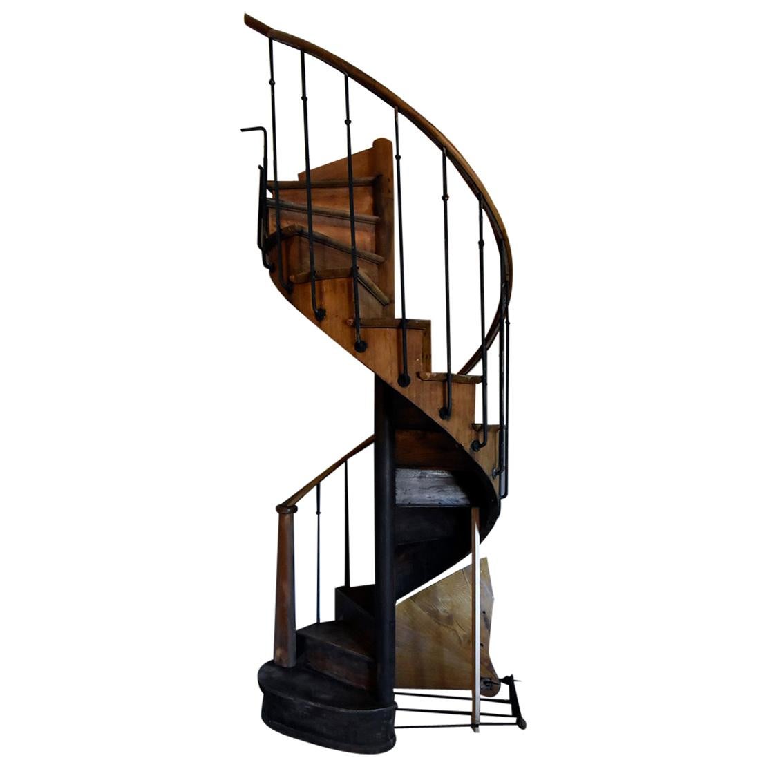 Wooden Spiral Staircase with Wrought Iron Balusters, 19th Century
