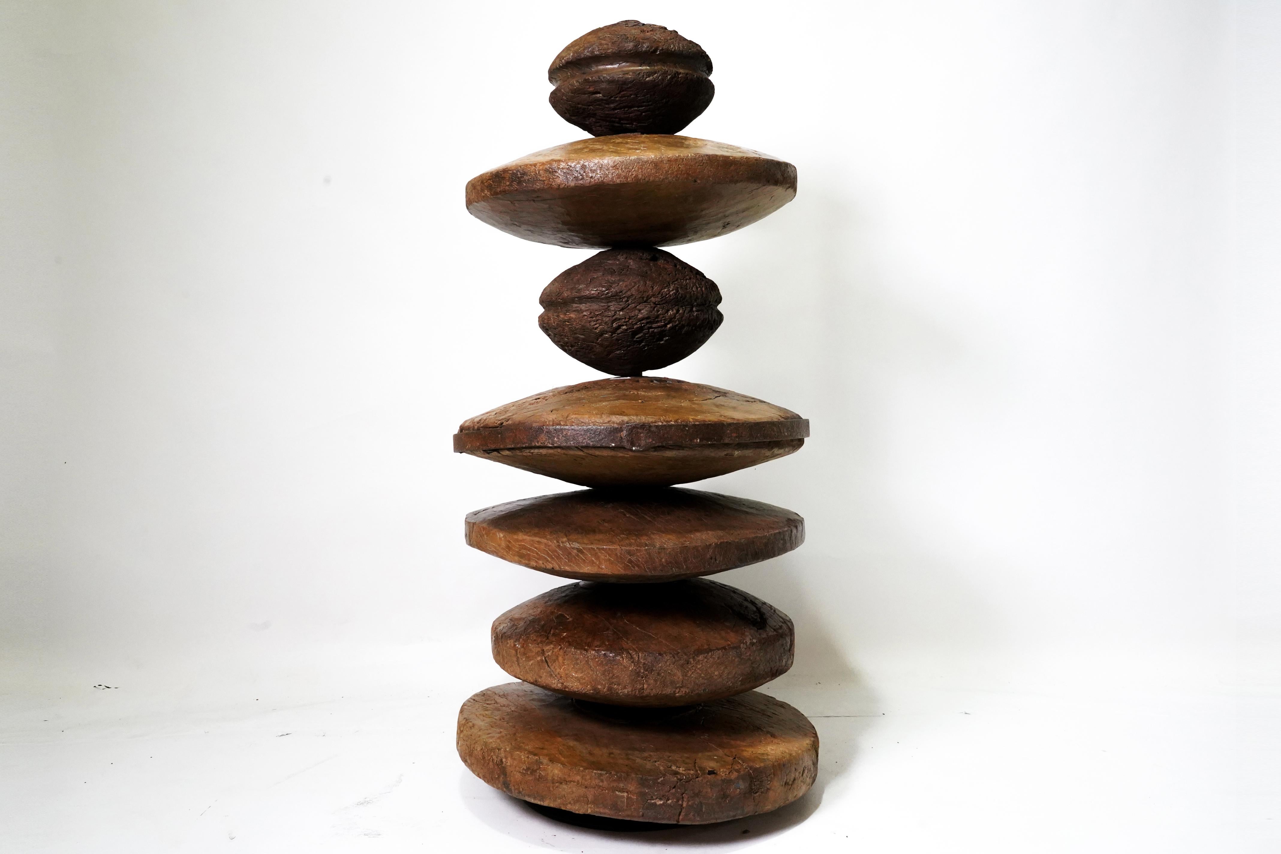 Monumental Modern Sculpture Assembled From Ancient Wooden Wheels and Pulleys 4