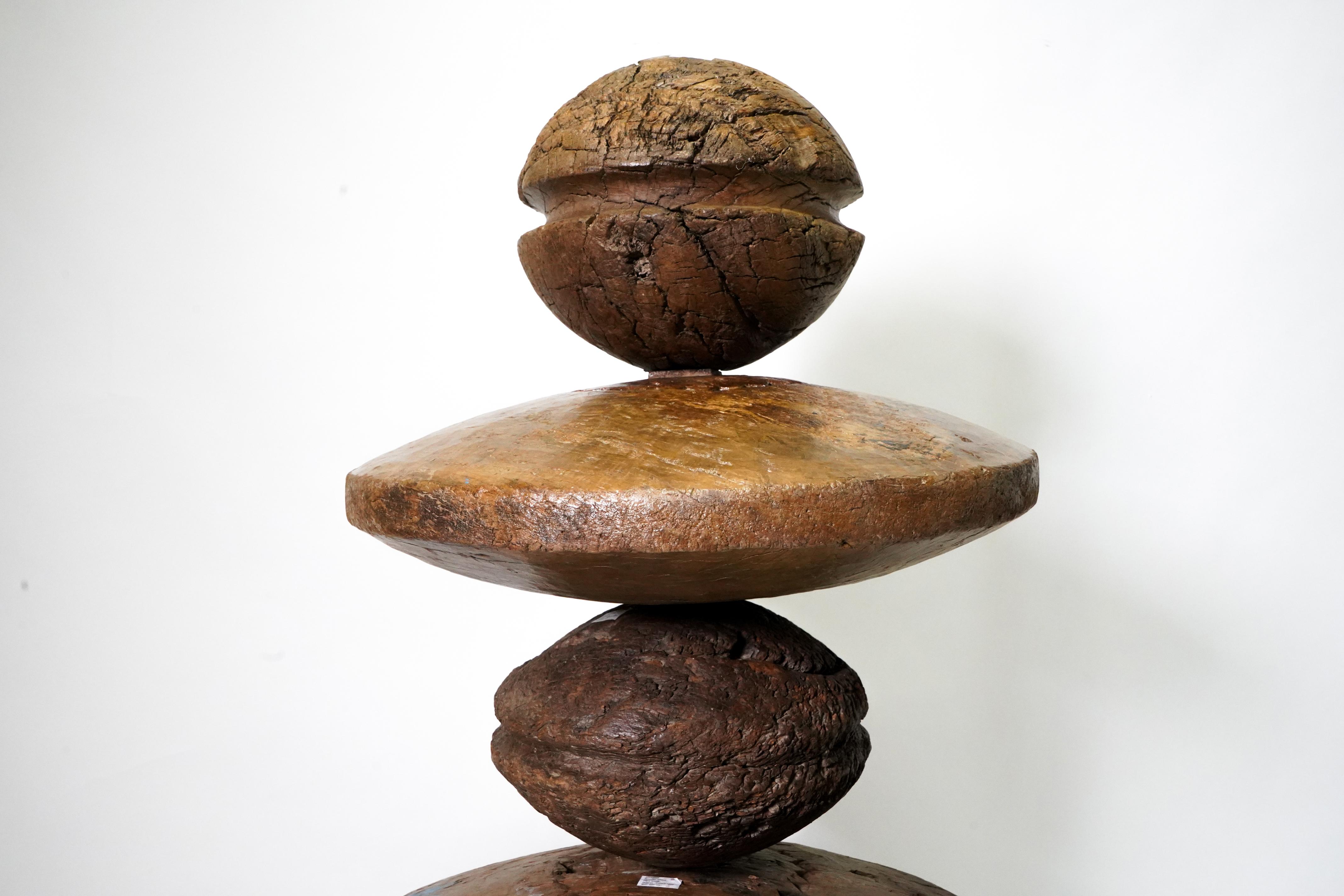 Indian Monumental Modern Sculpture Assembled From Ancient Wooden Wheels and Pulleys