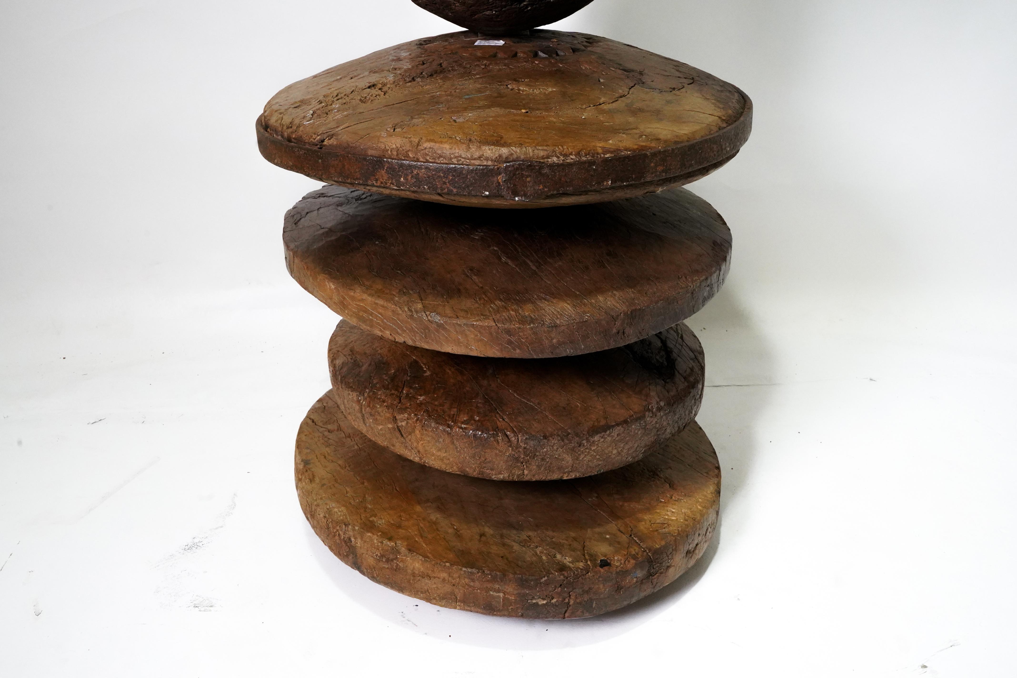 Hand-Carved Monumental Modern Sculpture Assembled From Ancient Wooden Wheels and Pulleys