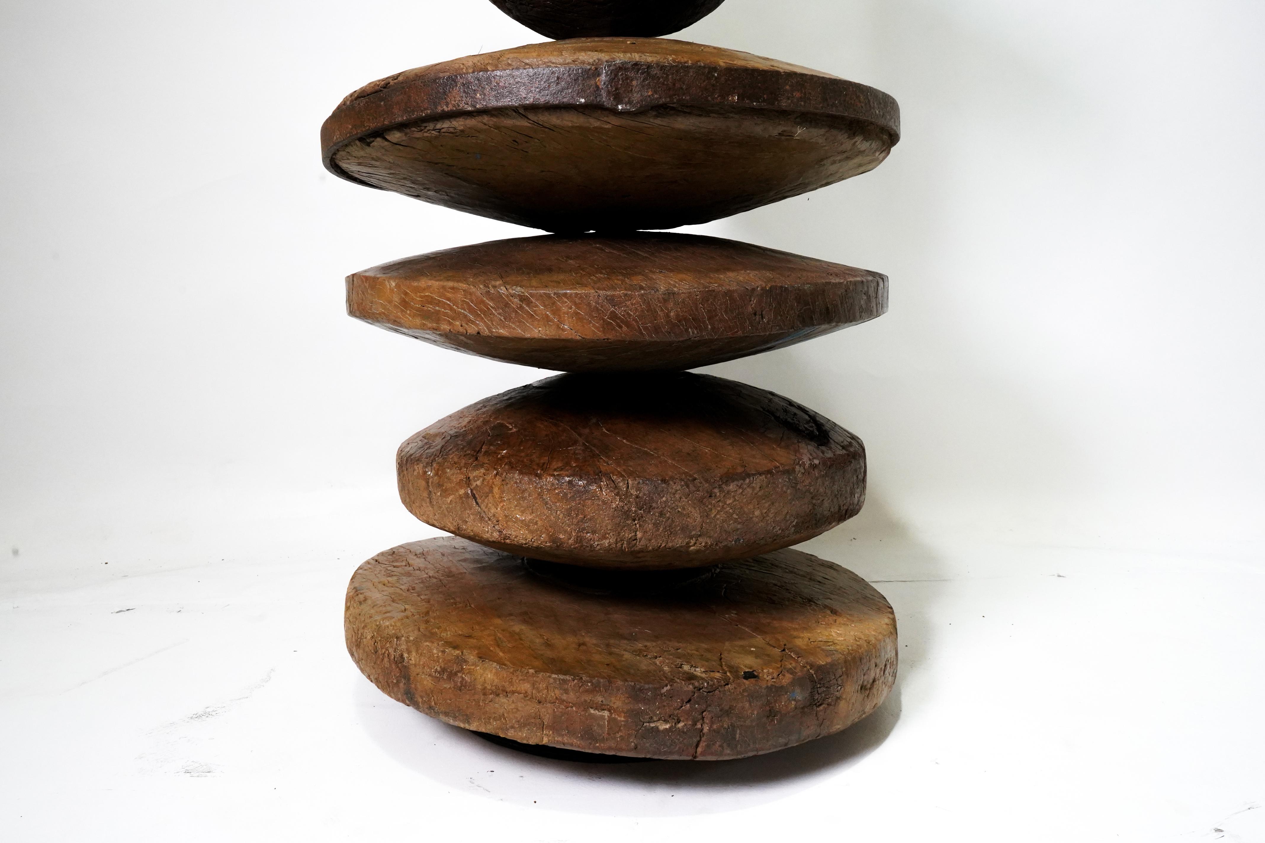 Monumental Modern Sculpture Assembled From Ancient Wooden Wheels and Pulleys 3