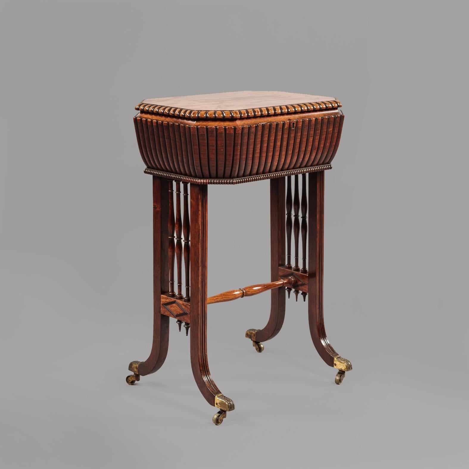 A work table in the manner of Gillows.

The hinged lobed sarcophagus compartment enclosing a tray and compartments.

Gillows

The name Gillows has been associated with the craft of furniture-making since the reign of George II. Gillows