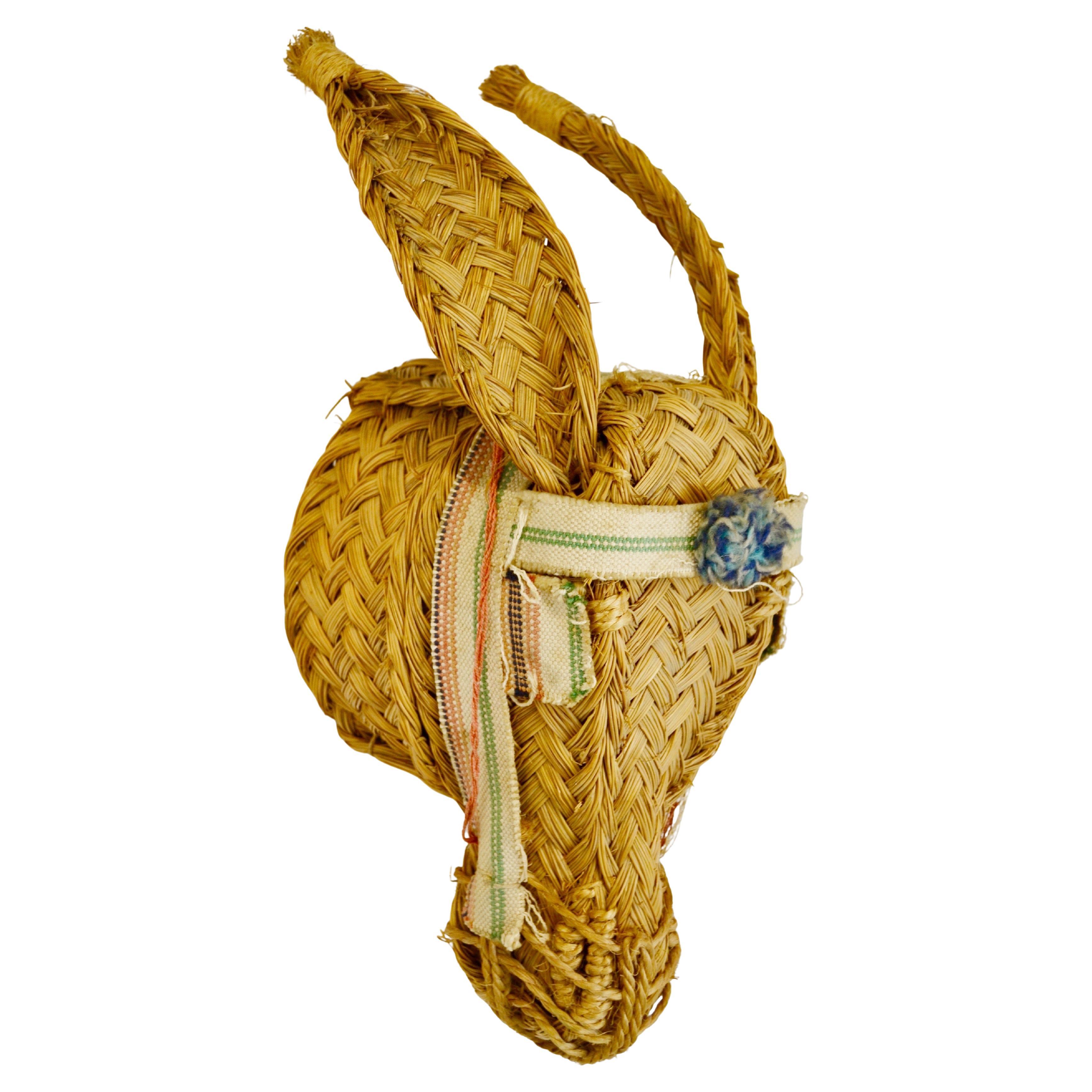 A woven wicker donkey head wall mask – 1970s - France For Sale