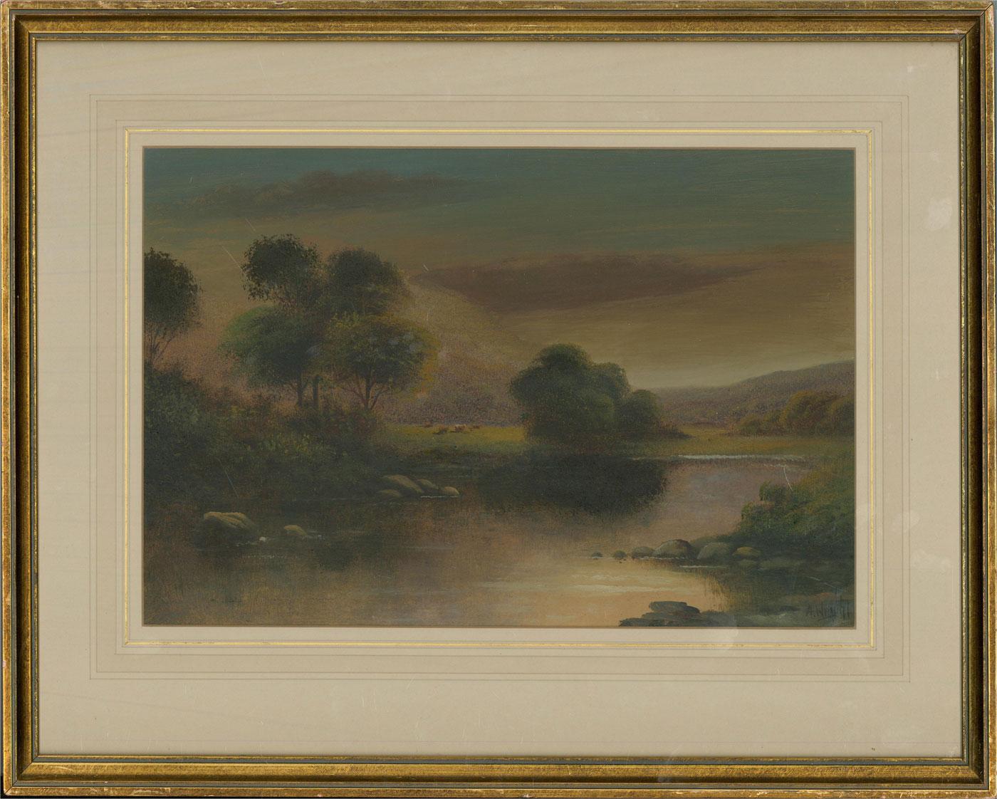 An idyllic scene depicting a calm lake with cows stood on the opposite bank. Presented glazed in a washline mount with gilt-effect detailing and a distressed gilt-effect wooden frame. Signed to the lower-right corner. On board.
