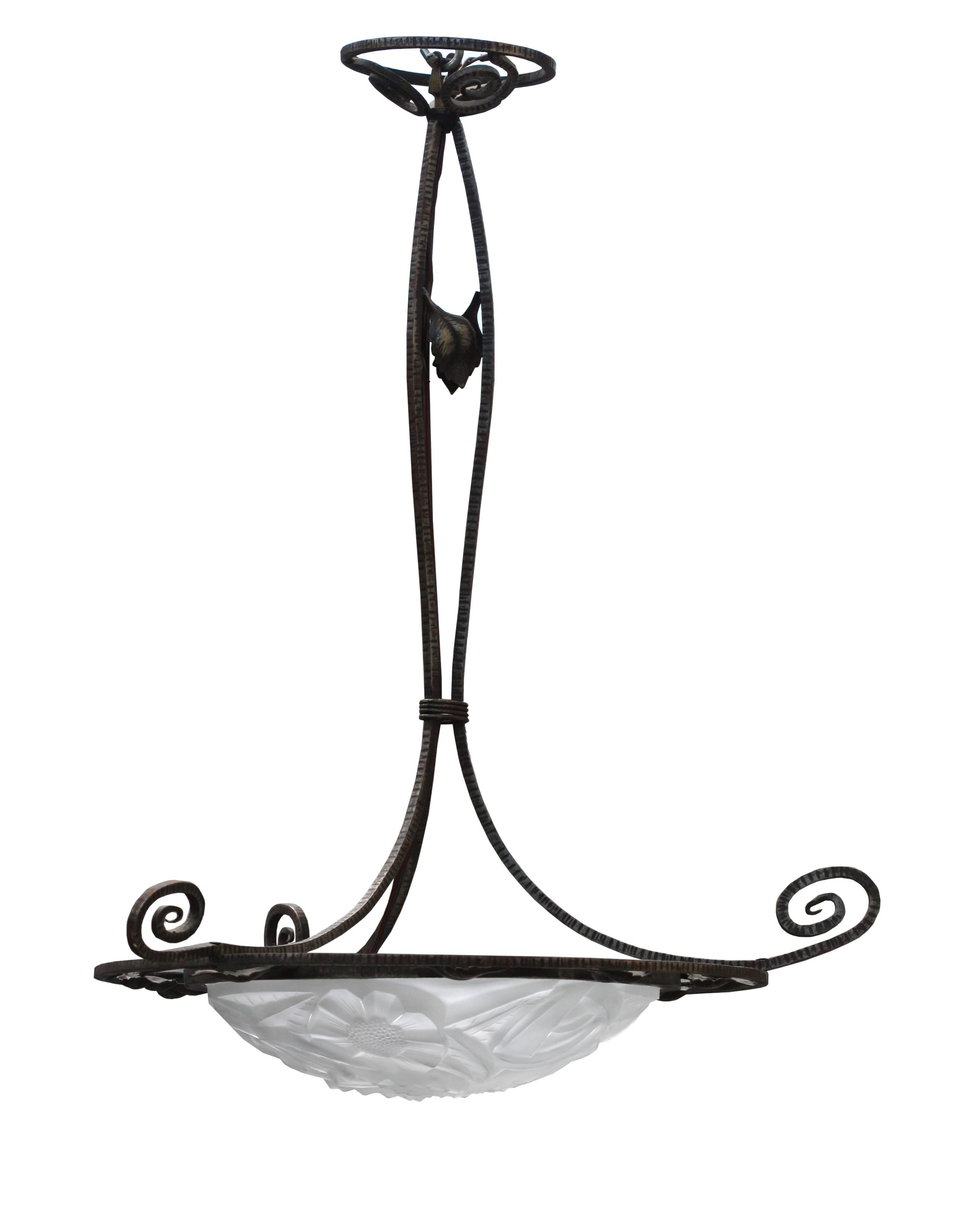 Wrought Iron and Glass Chandelier, by P. Maynadier For Sale 6