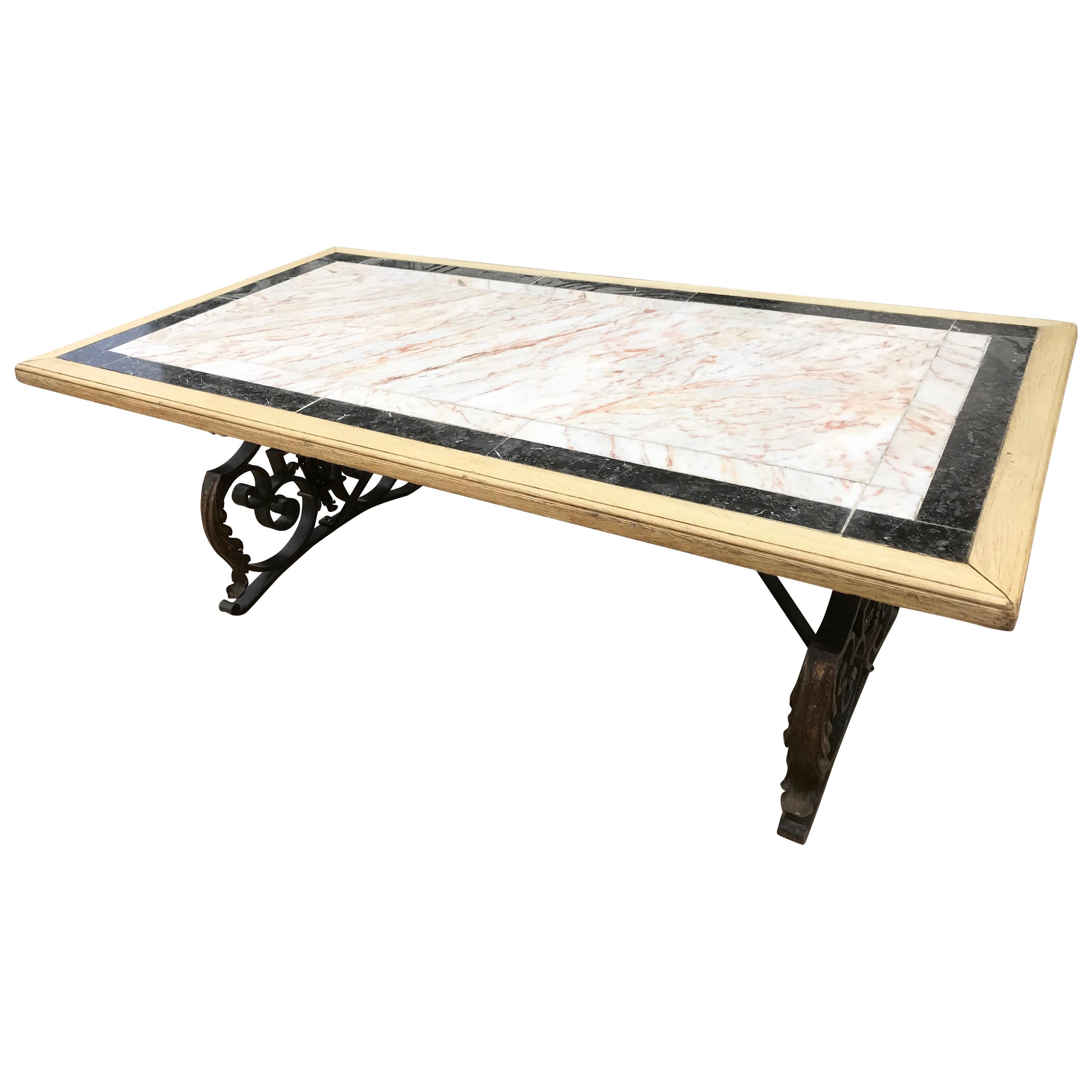 Wrought Iron and Marble Dining Table For Sale