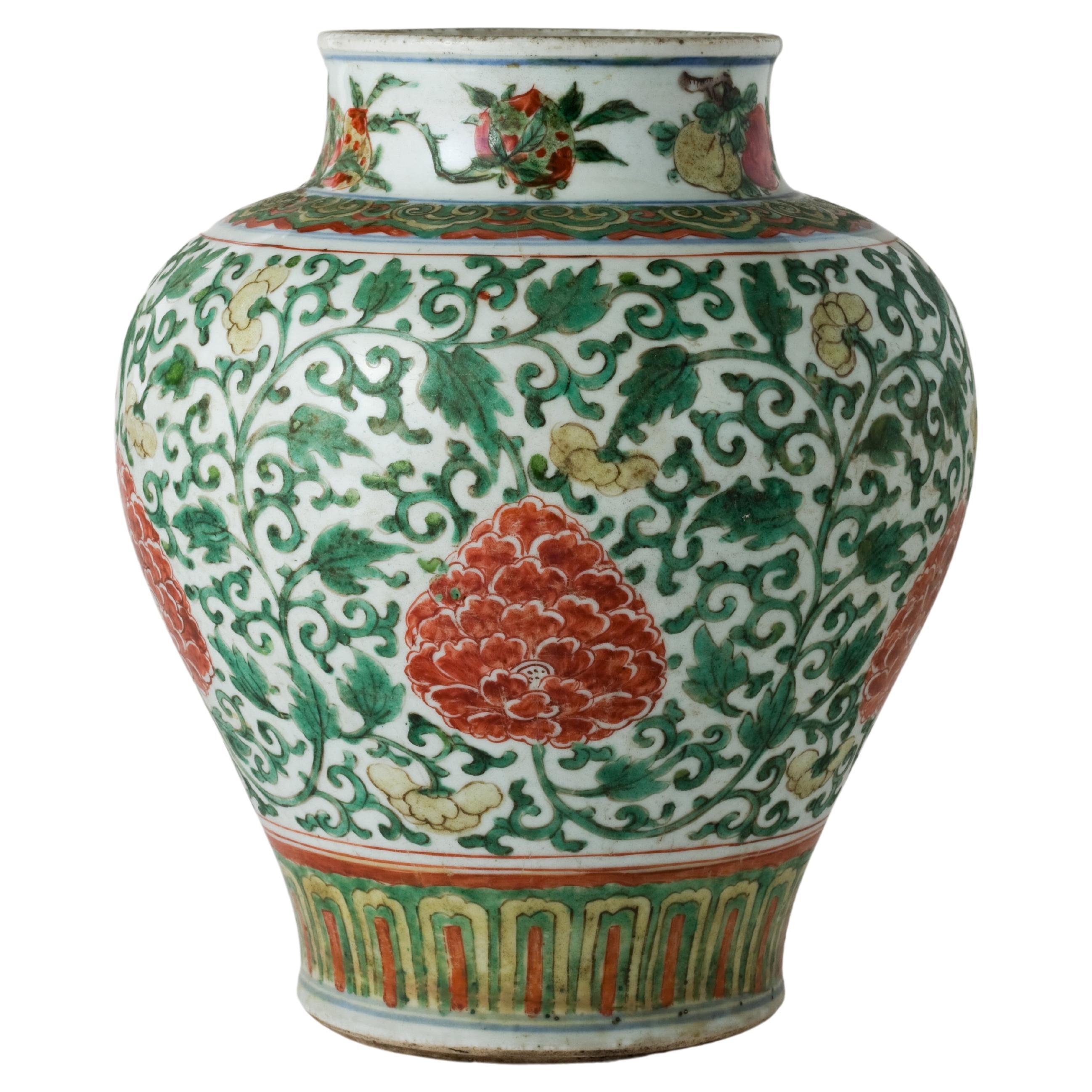 A Wucai 'Peony' Vase Transitional Period, 17th century, Early Qing Dynasty For Sale