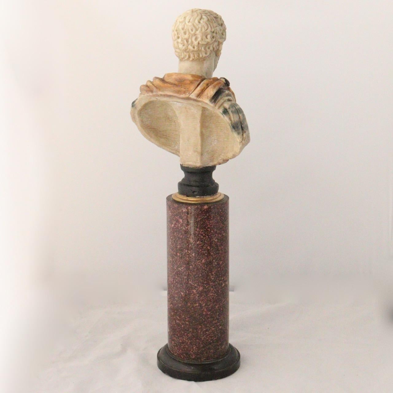 Polychromed XIXth Century Grand Tour Bust of Caracalla and Its Porphyry Column