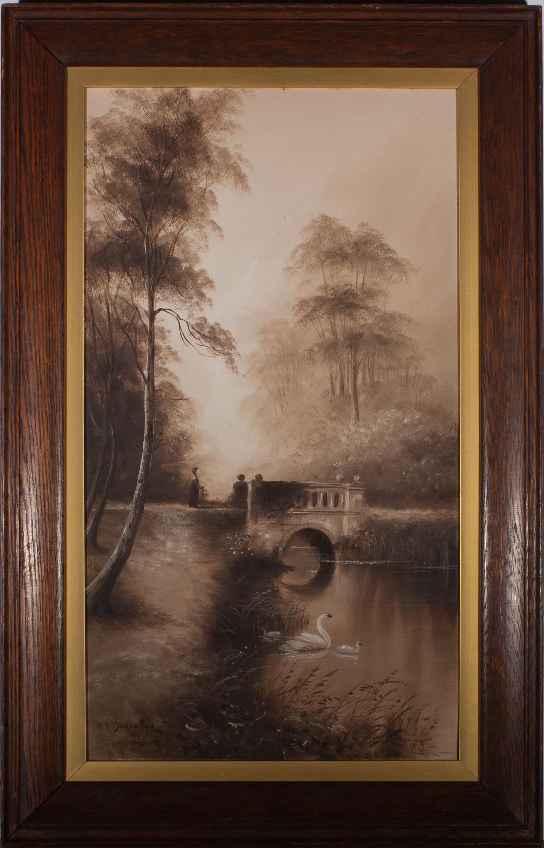 Depicting a swan and her two goslings on a peaceful river. In the background an elderly woman passes of the quaint stone bridge surrounded by tall, elegant trees. Signed to the lower right. Well presented in original oak frame. On board.
