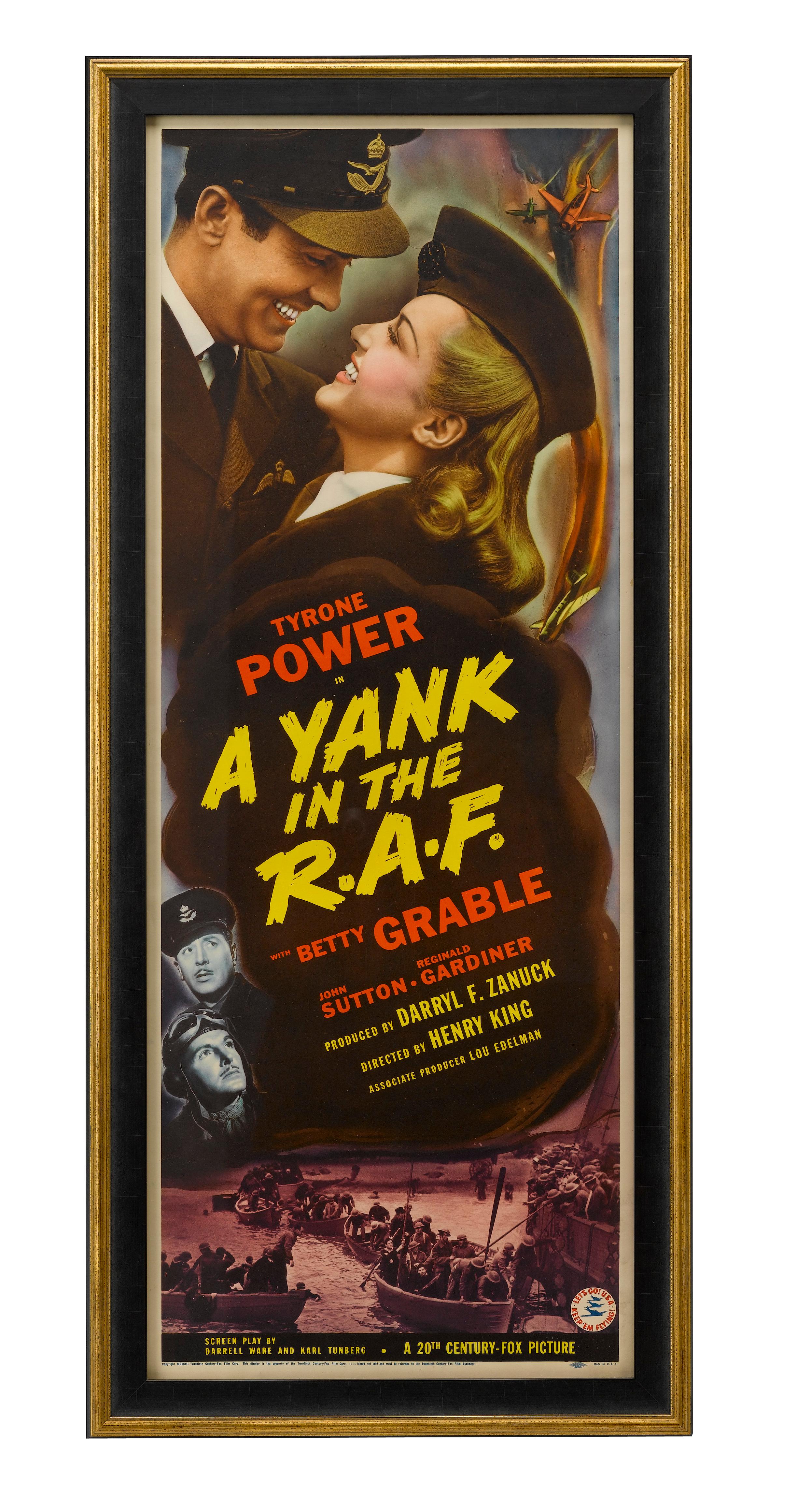 This colorful lithographic poster depicts the popular 1941 film A Yank in the R.A.F., directed by Henry King and produced by Twentieth Century-Fox. The black-and-white film describes a story that takes place early during World War II, in which a