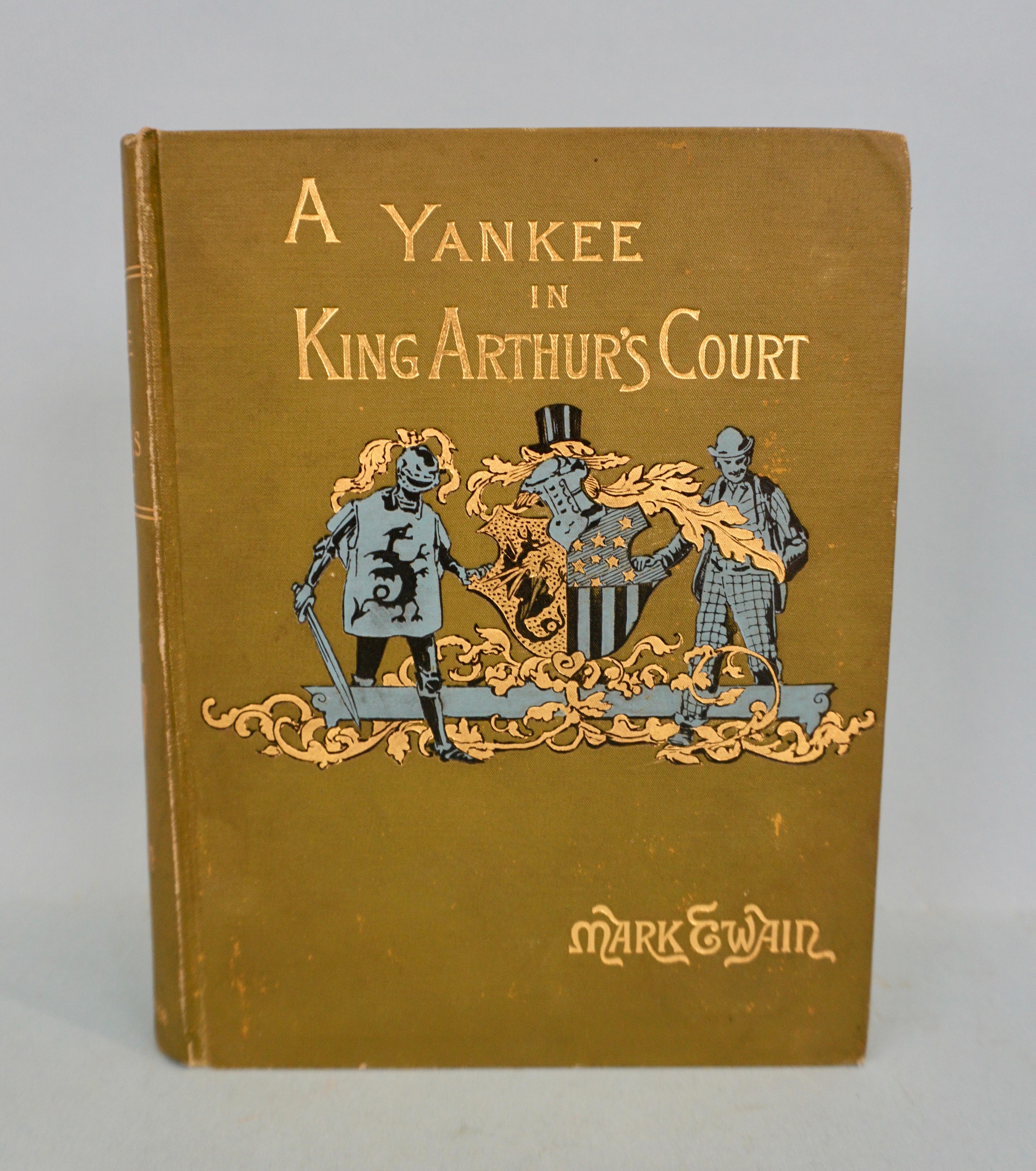 The first American edition, second issue, of Twain's satirical time travel fantasy where the lead character travels backward in time into Arthurian England. Published by Charles L. Webster & Company, New York, 1889. Original green pictorial cloth