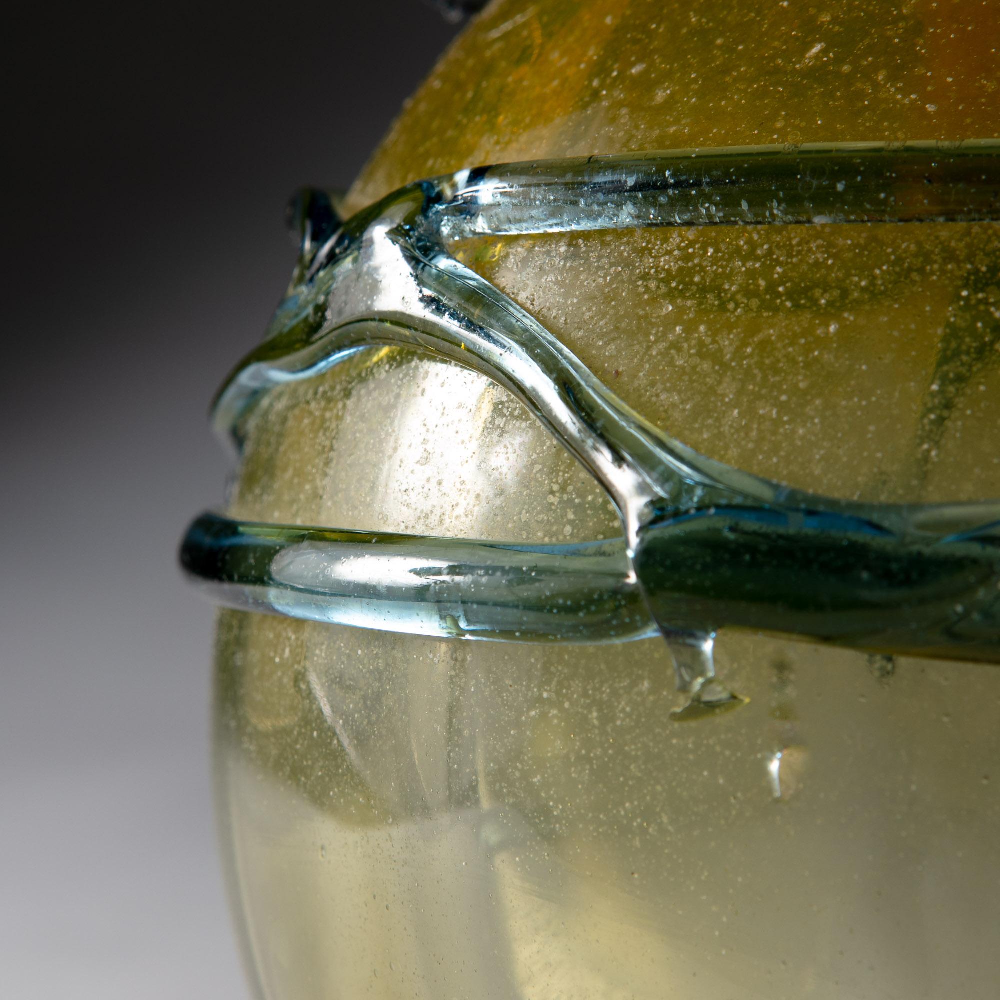 A mid-20th century yellow Murano glass vase with blue glass overlay decoration and blue glass handles to the neck, now converted as a lamp.

Please note: Lampshade not include.

Currently wired for the UK.
