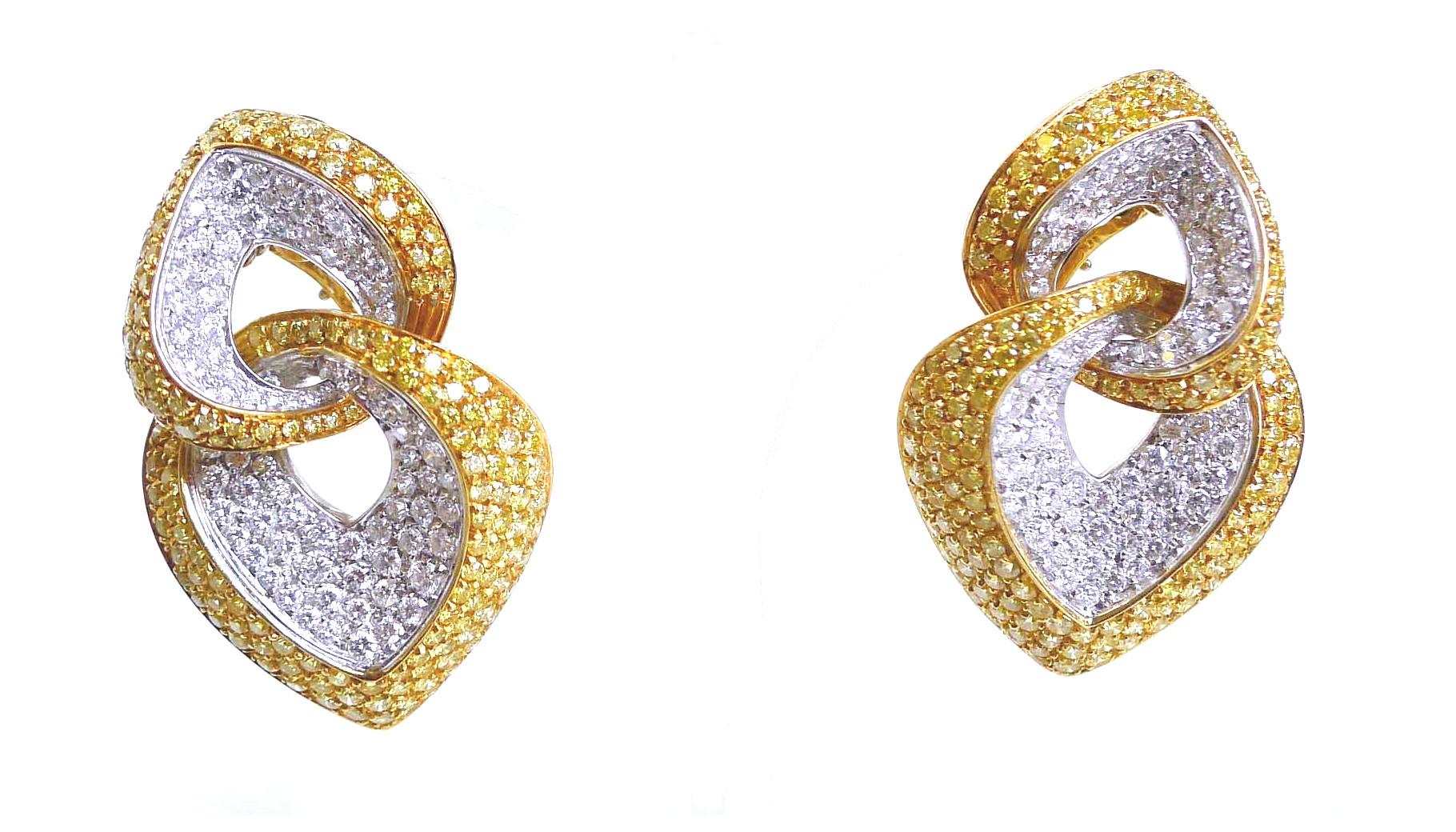 Contemporary Yellow Diamond and White Diamond Earring in 18 Karat Yellow Gold and White Gold For Sale