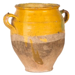 Yellow Glazed Confit Pot with Green Markings and Handles from France