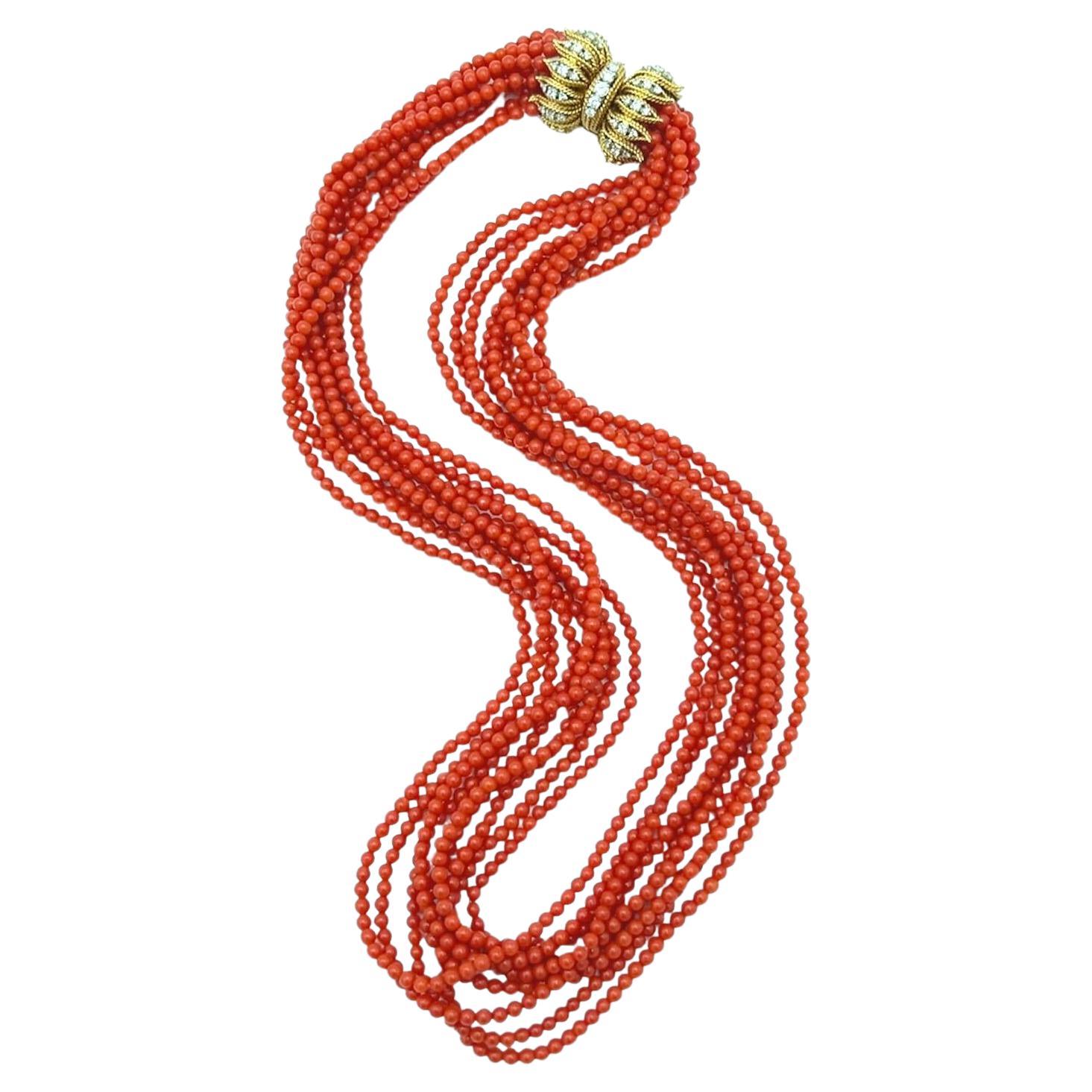 A Yellow Gold, Coral and Diamond Torsade Necklace For Sale