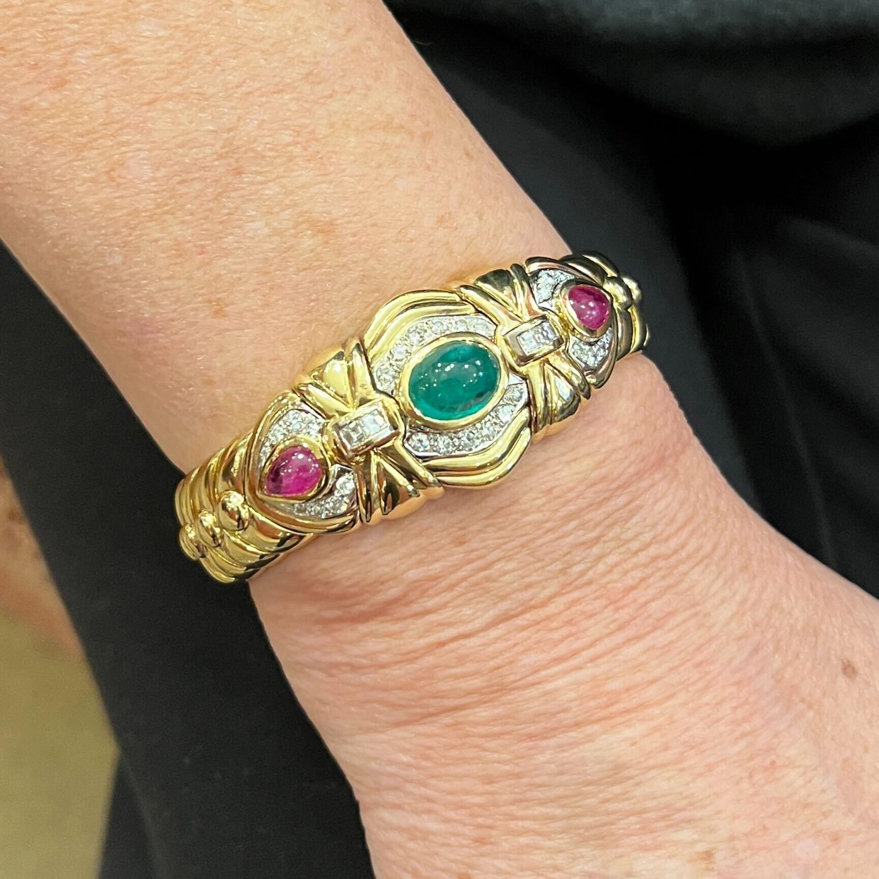 Women's or Men's A Yellow Gold, Emerald, Ruby and Diamond Cuff Bracelet