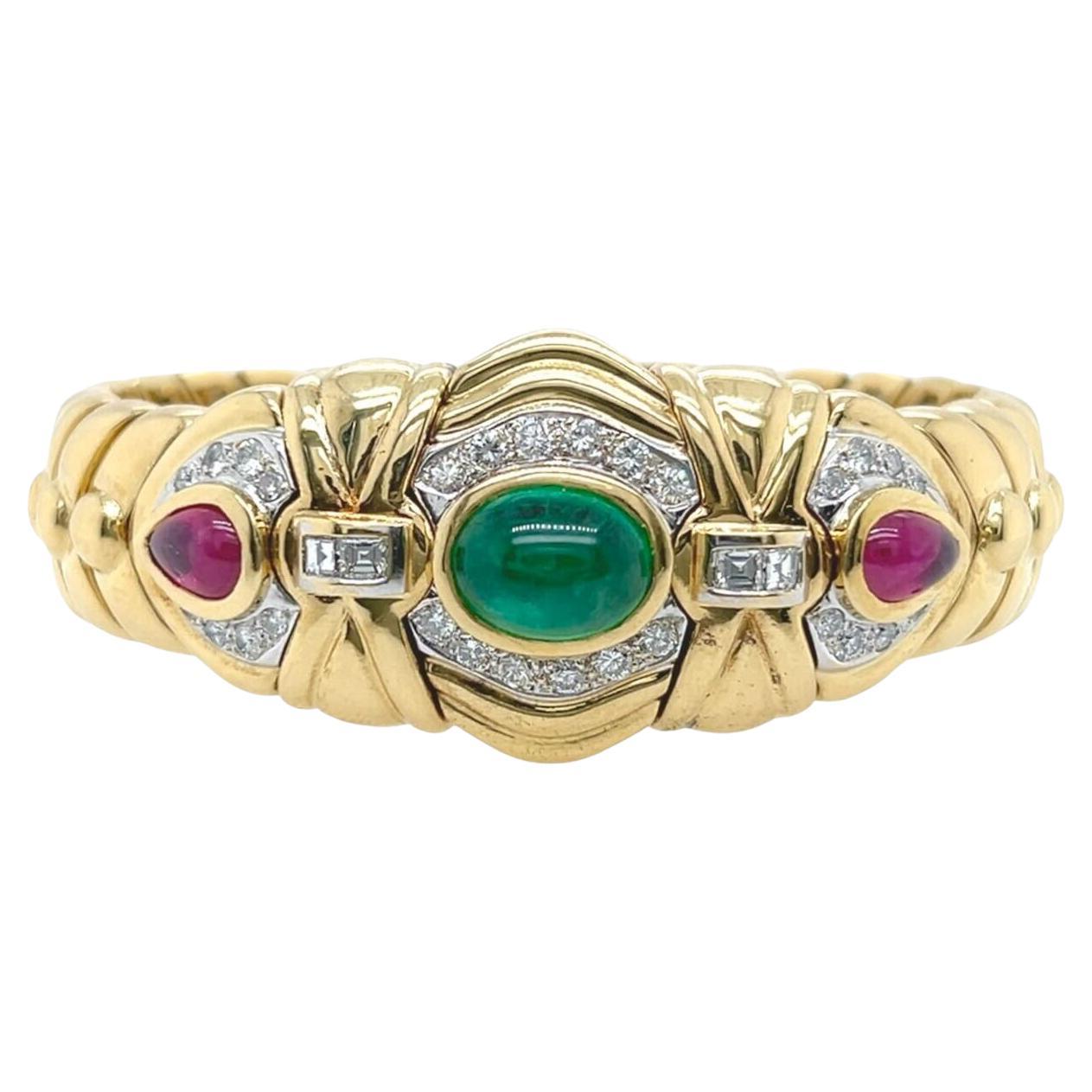 A Yellow Gold, Emerald, Ruby and Diamond Cuff Bracelet For Sale