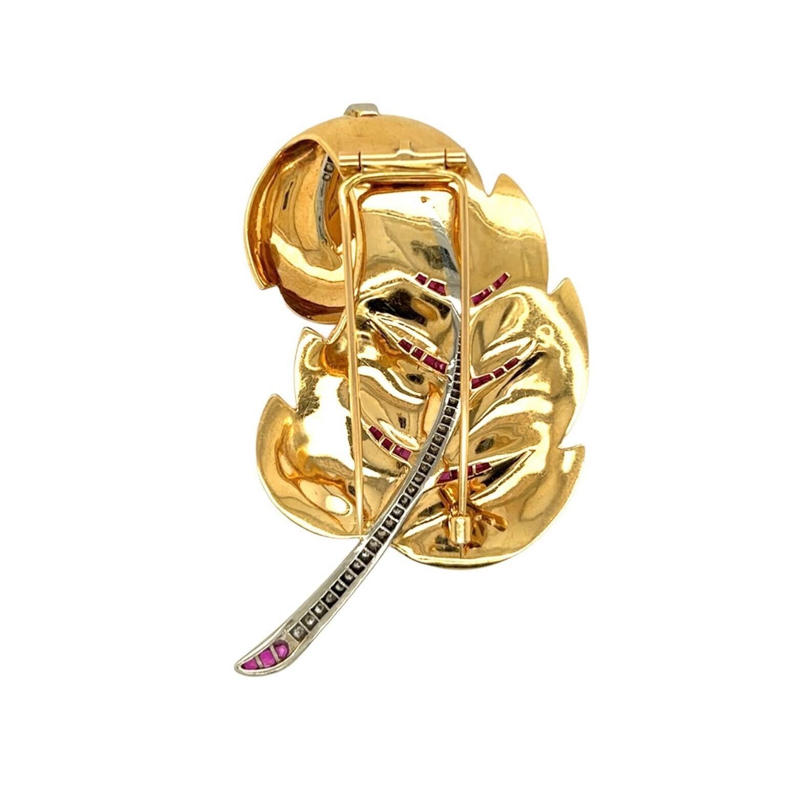 Yellow Gold, Ruby and Diamond Brooch In Good Condition In New York, NY