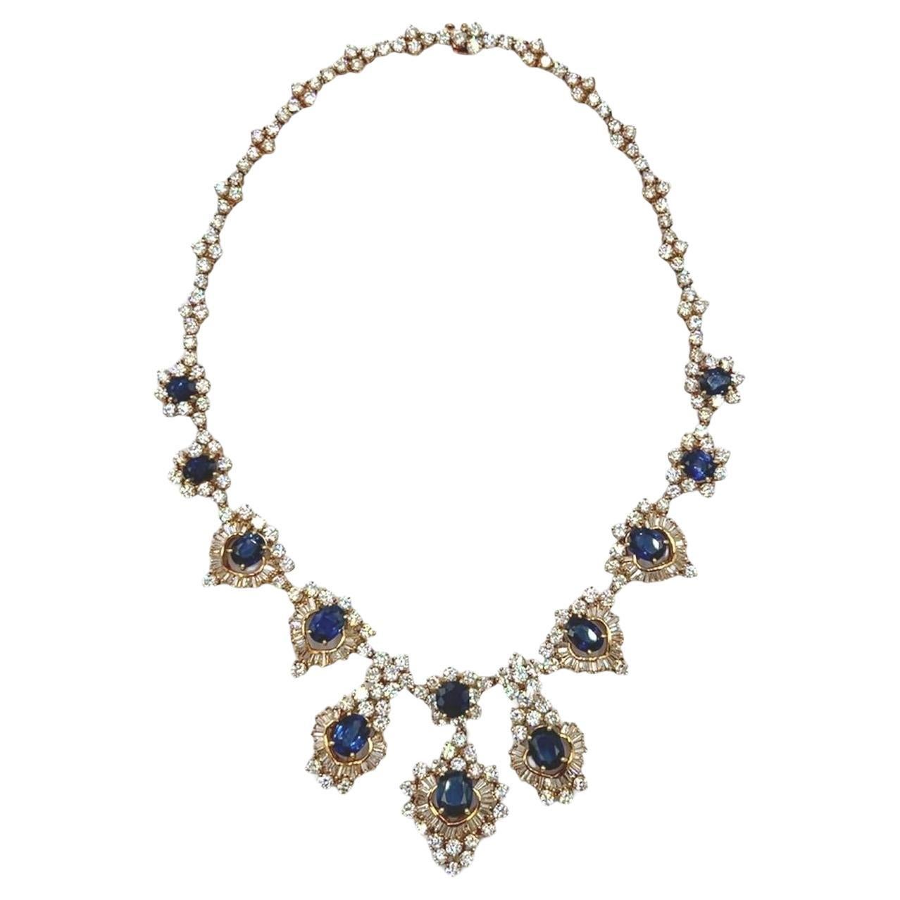 A Yellow Gold, Sapphire and Diamond Necklace For Sale