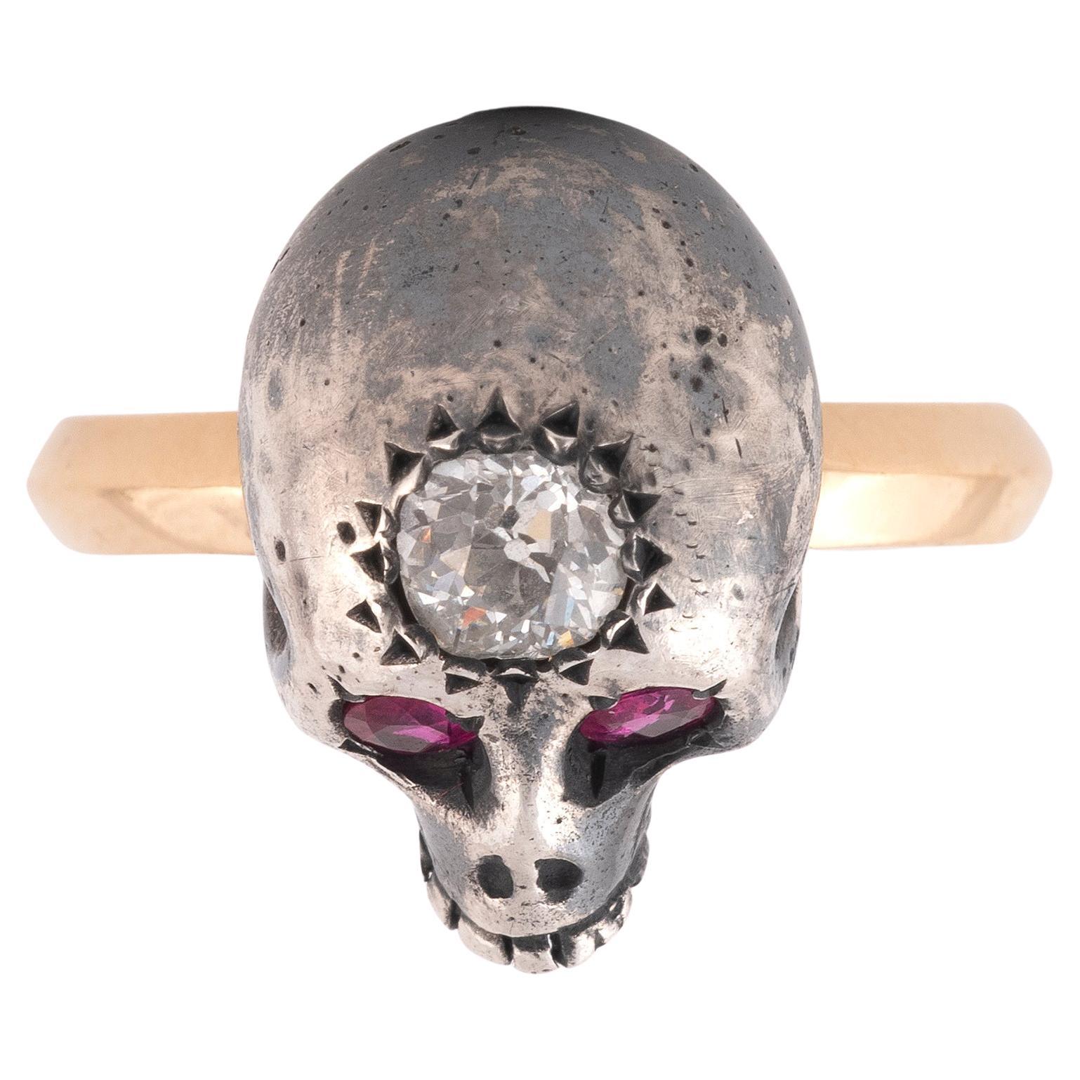 Old European Cut A Yellow Gold Silver And Diamond Skull Ring For Sale