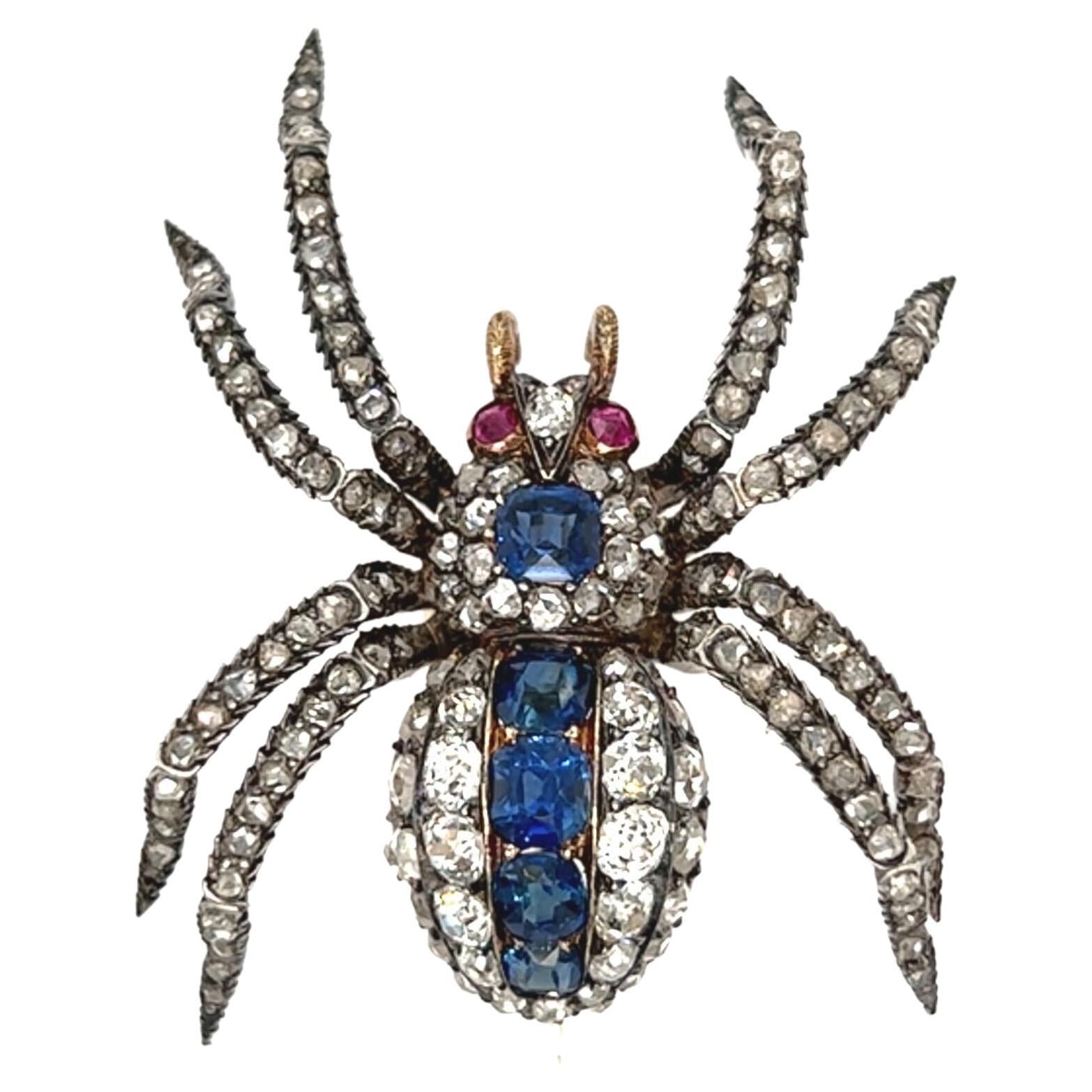 Yellow Gold, Silver Topped Gold, Diamond, Sapphire and Ruby Spider Brooch