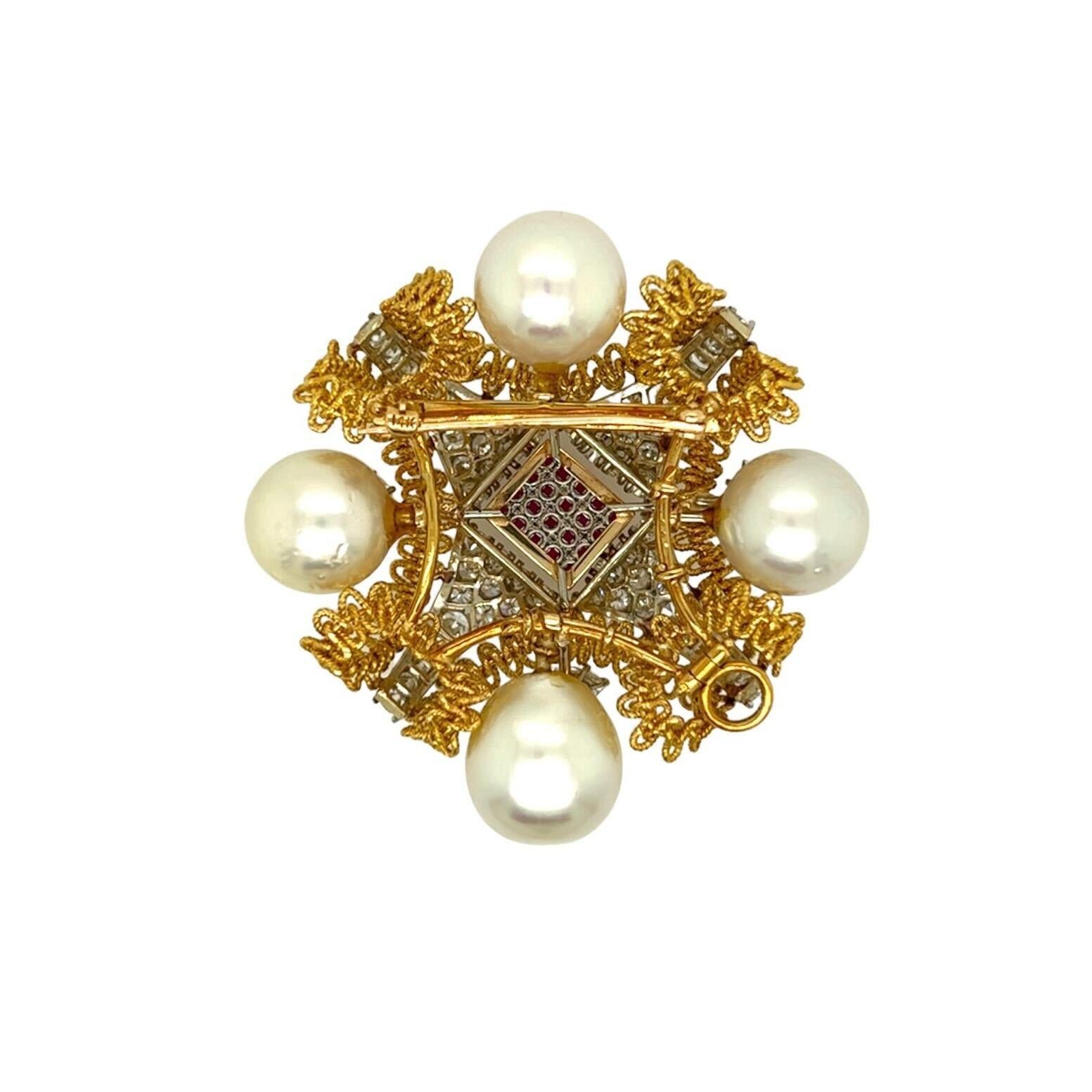 Yellow Gold, White Gold, Ruby and Diamond Brooch In Excellent Condition For Sale In New York, NY