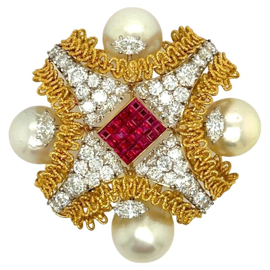 Yellow Gold, White Gold, Ruby and Diamond Brooch For Sale
