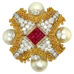 Retro Yellow Gold, White Gold, Ruby and Diamond Brooch