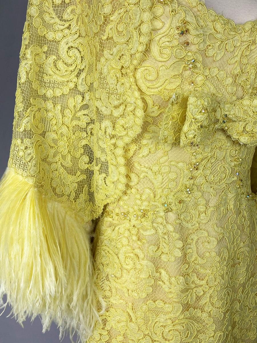 A Yellow Lace Dress with Ostrich Feathers by Jacques Heim Couture Circa 1965 For Sale 7