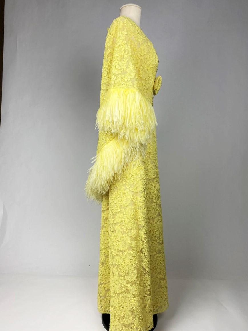 A Yellow Lace Dress with Ostrich Feathers by Jacques Heim Couture Circa 1965 For Sale 8