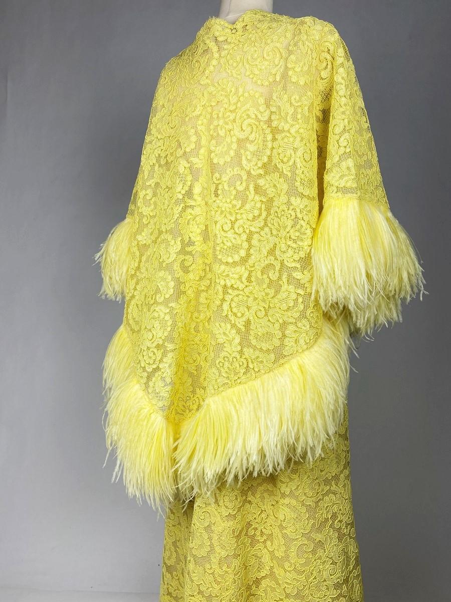 A Yellow Lace Dress with Ostrich Feathers by Jacques Heim Couture Circa 1965 For Sale 9