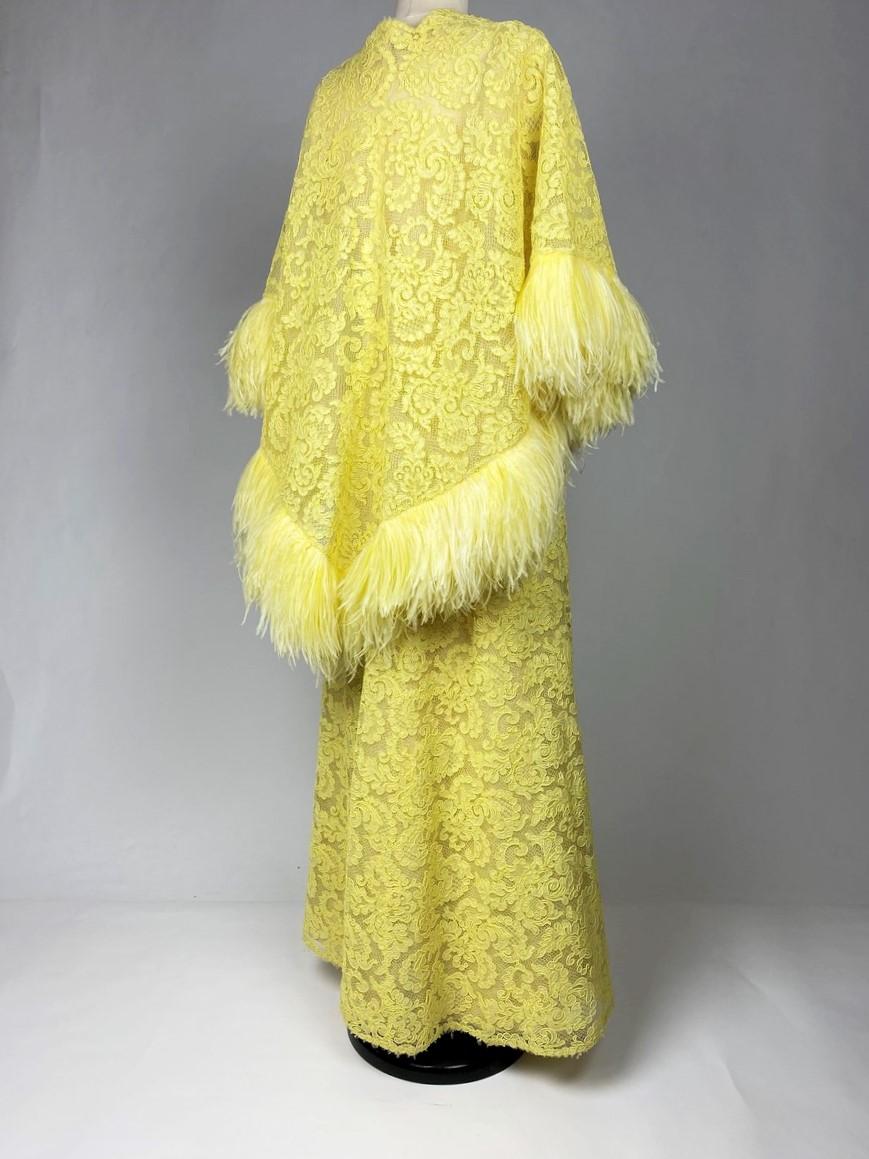 A Yellow Lace Dress with Ostrich Feathers by Jacques Heim Couture Circa 1965 For Sale 10