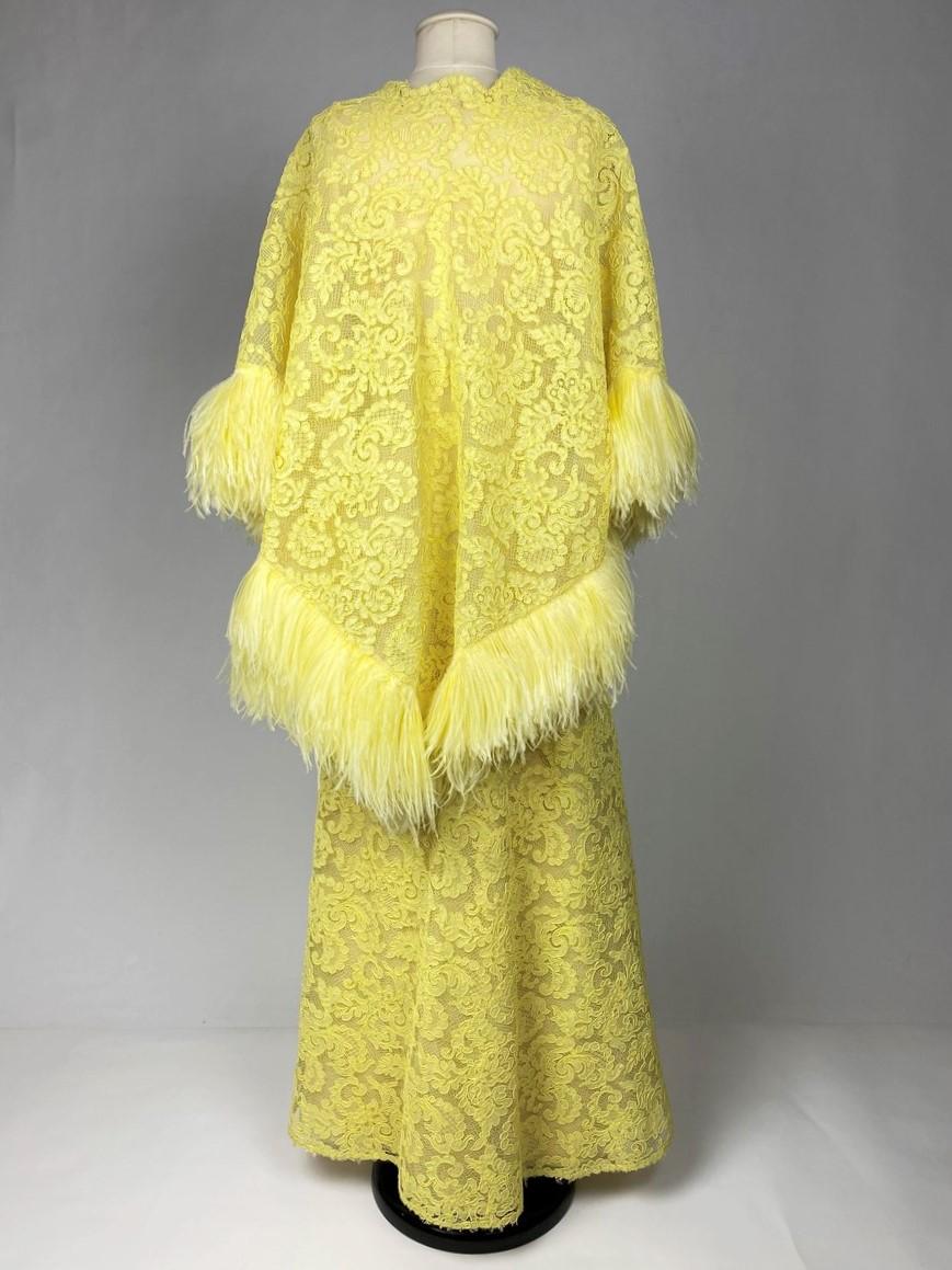 A Yellow Lace Dress with Ostrich Feathers by Jacques Heim Couture Circa 1965 For Sale 11