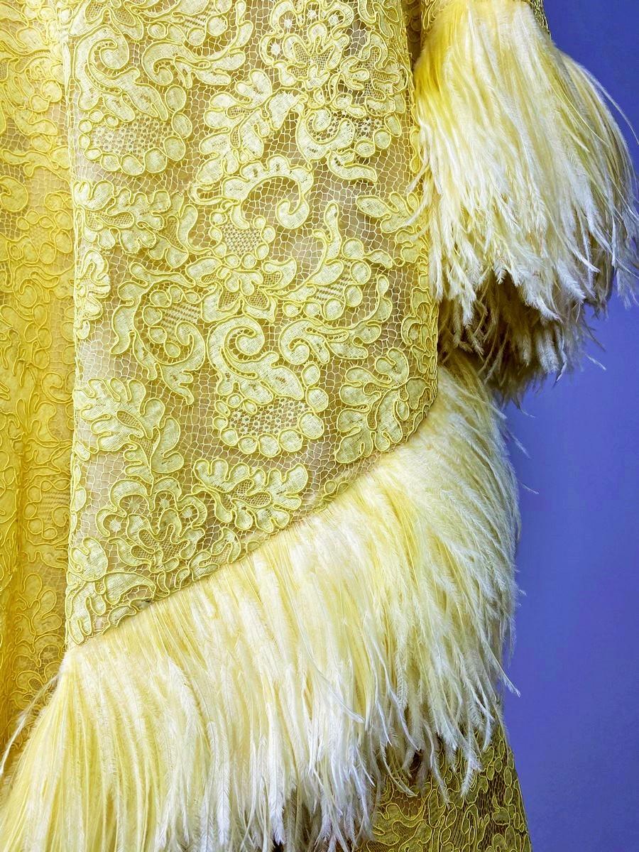 A Yellow Lace Dress with Ostrich Feathers by Jacques Heim Couture Circa 1965 For Sale 12