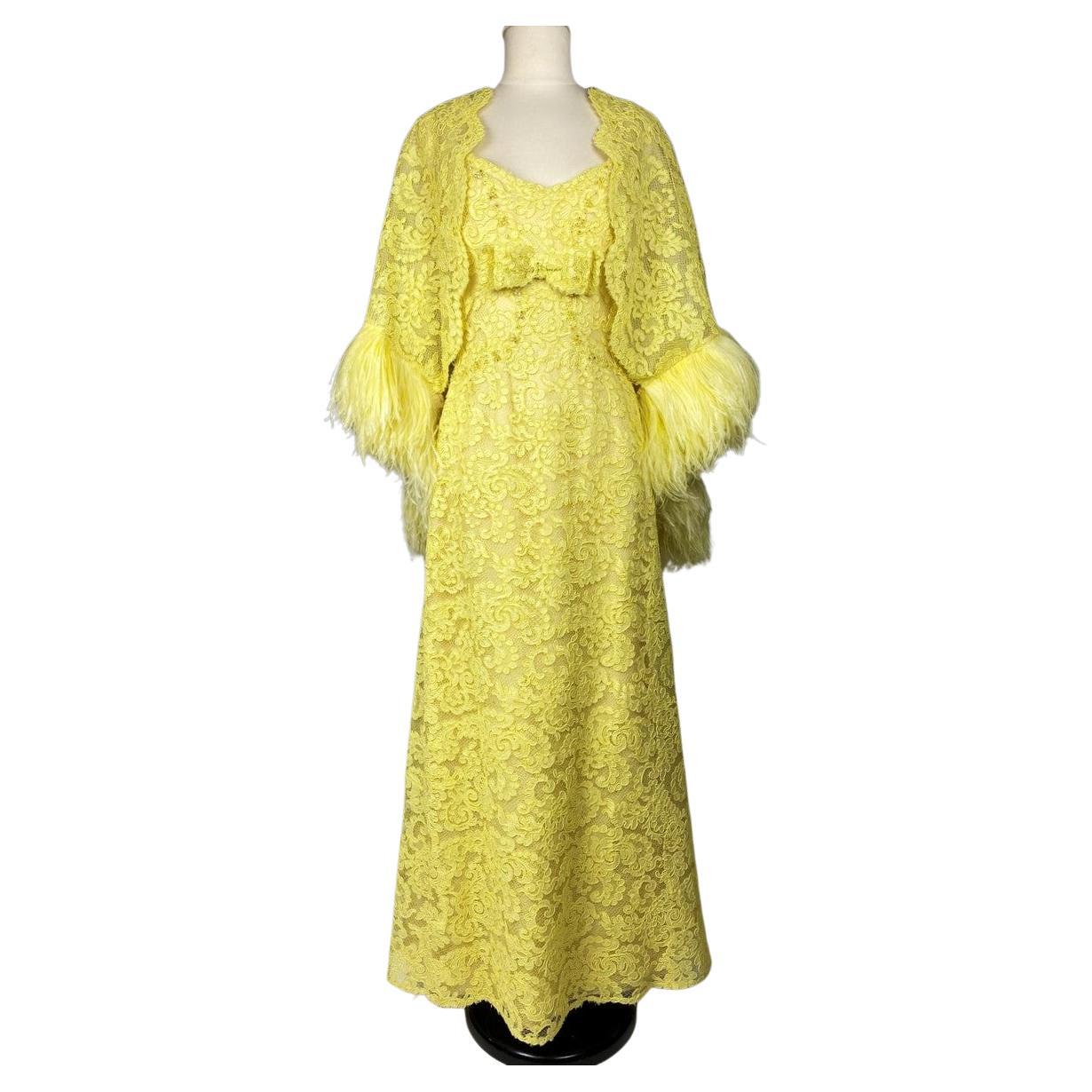 A Yellow Lace Dress with Ostrich Feathers by Jacques Heim Couture Circa 1965 For Sale