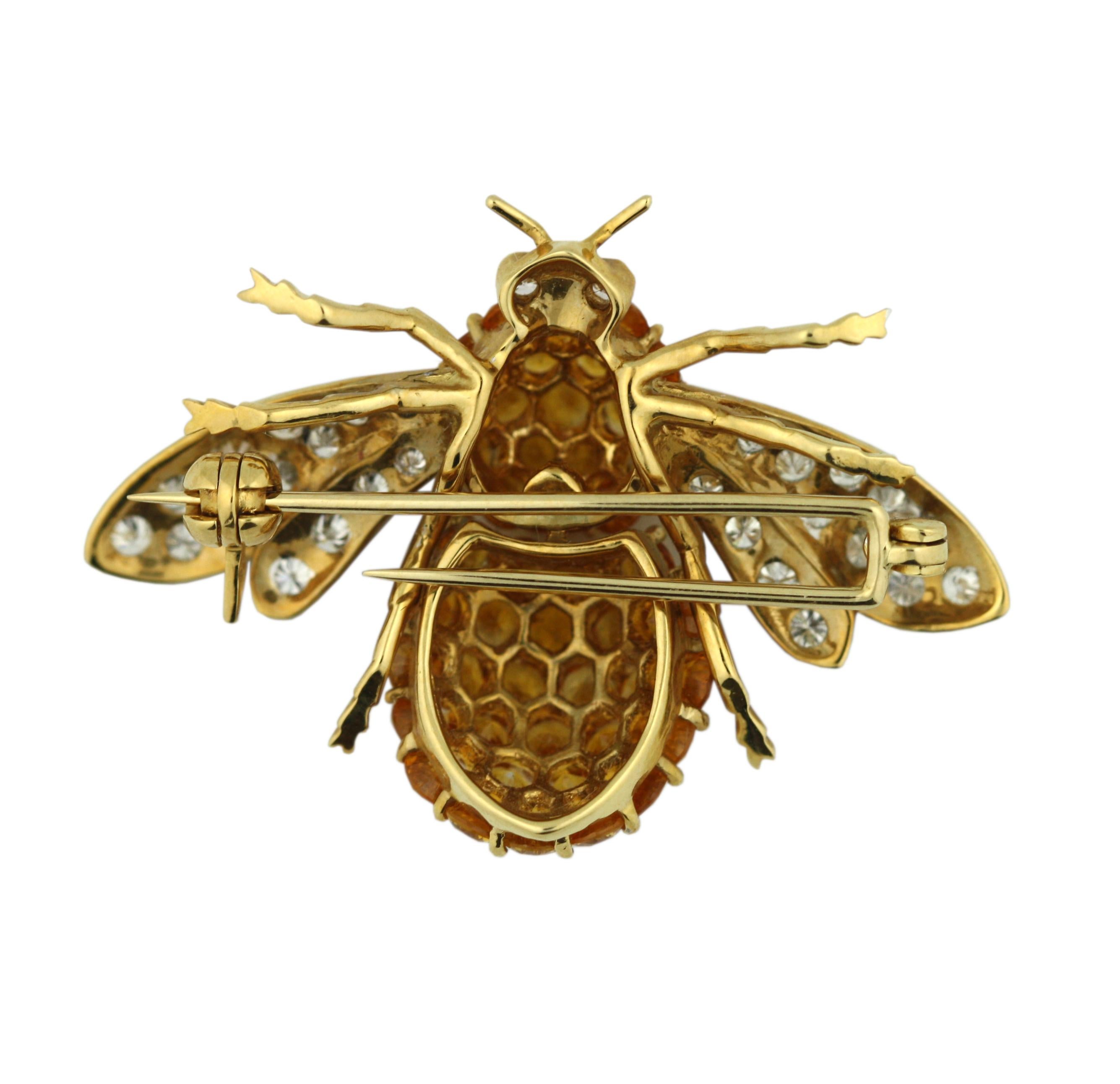 
A Yellow Sapphire and Diamond Bee Brooch
the body set with yellow sapphires and the openworked head, thorax and openworked wings with brilliant-cut diamonds, with round cut rubies to the eyes, gross weight 1.10 grams, 1.5 inches