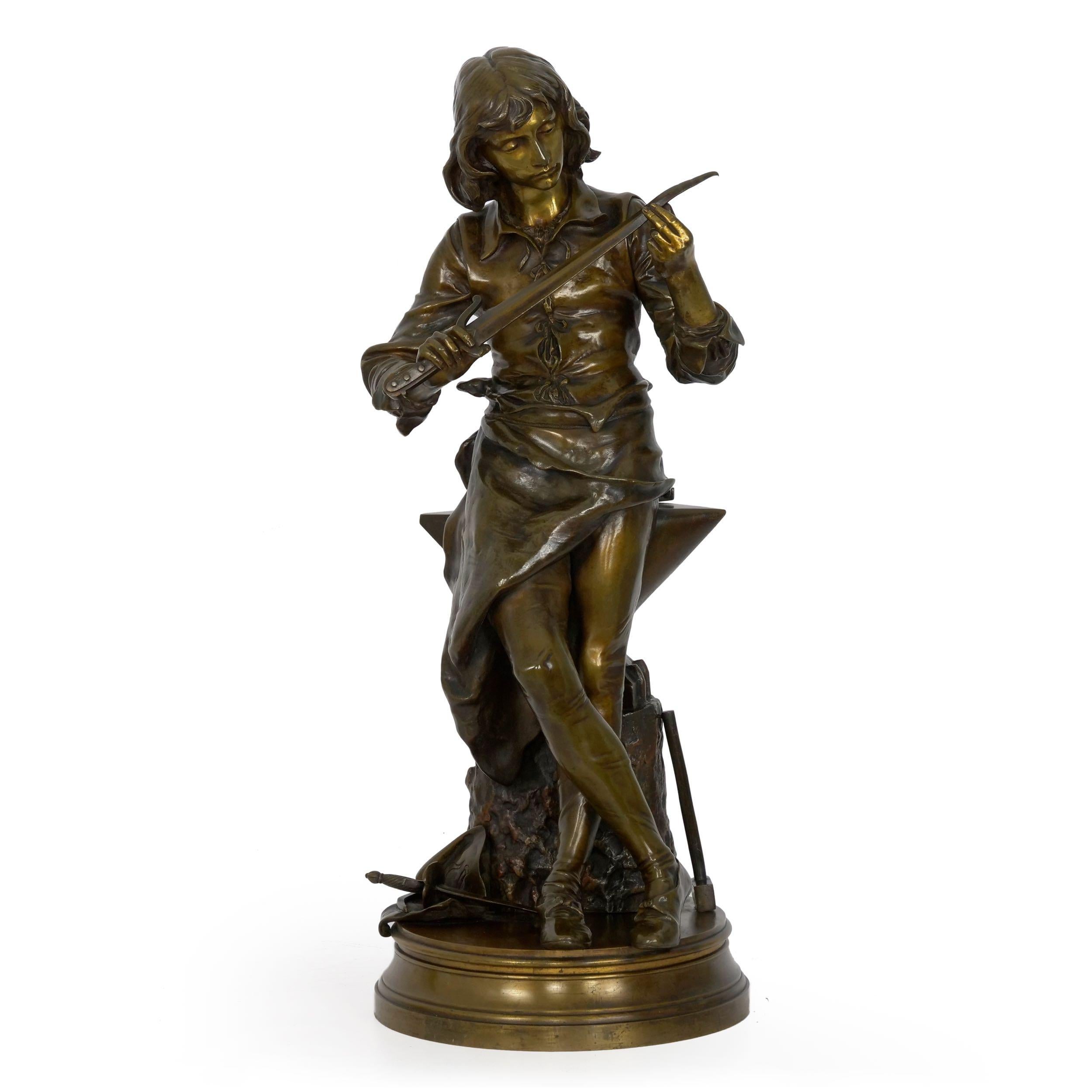 An exceedingly well-cast model of a blacksmith's apprentice assessing a damaged sword, the technical precision of the foundry work is notable. There is a complexity to the lost-wax model that extends to the patination, utilizing a nearly gold in the