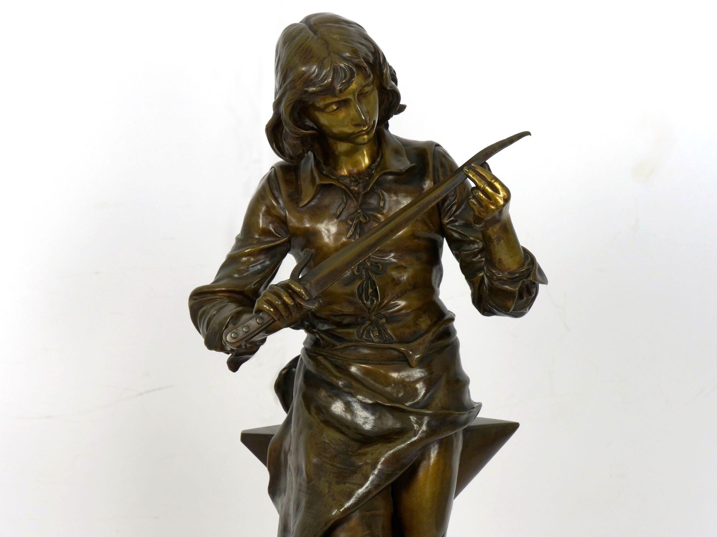 “A Young Bladesmith” French Antique Bronze Sculpture by Adrien-Étienne Gaudez 1