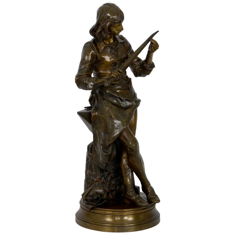 “A Young Bladesmith” French Antique Bronze Sculpture by Adrien-Etienne Gaudez For Sale