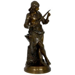 “A Young Bladesmith” French Used Bronze Sculpture by Adrien-Étienne Gaudez